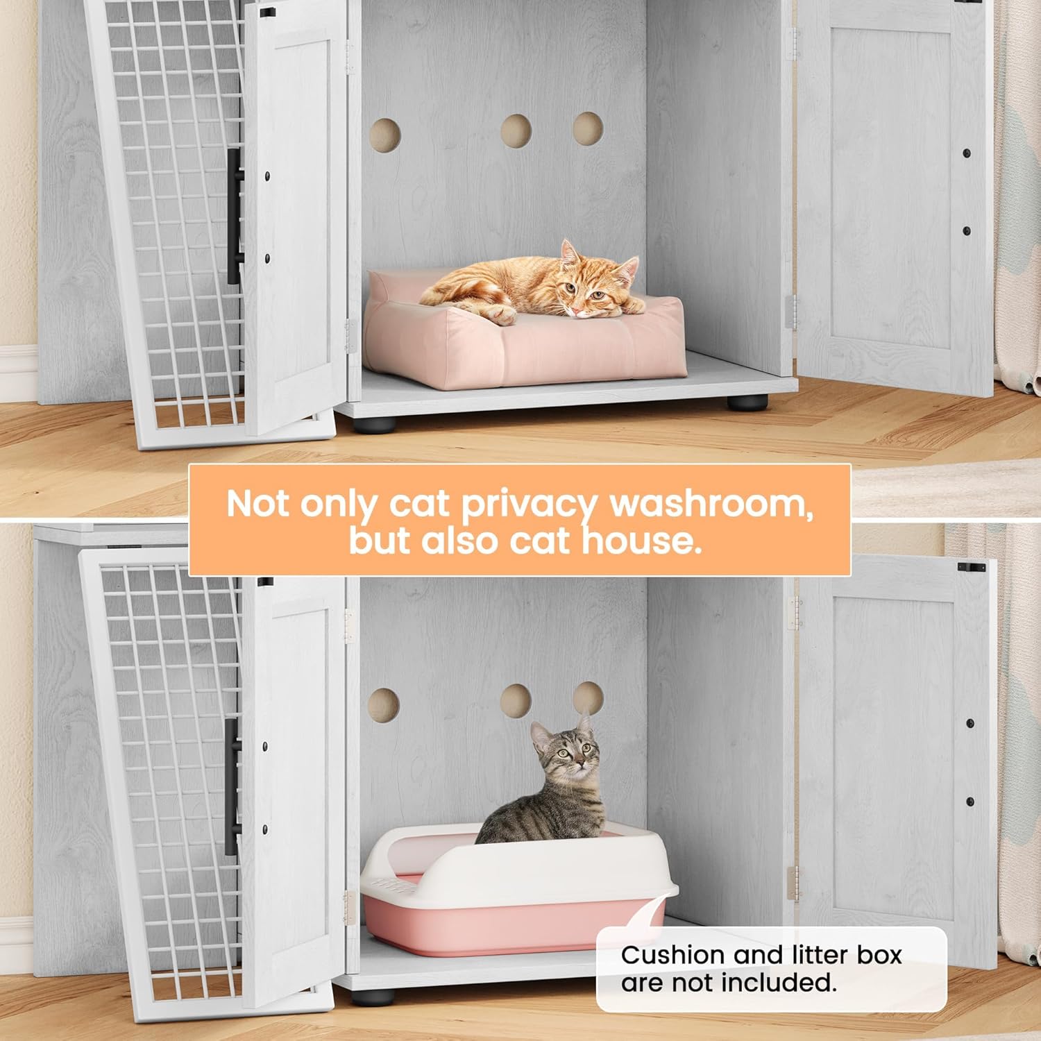 Cat Litter Box Enclosure Furniture with Double Layer Design, Hidden Litter Box & Lounge Villa for Indoor Cats - Includes Ladder, Platform, and Washroom Space for Living Room, Antique White