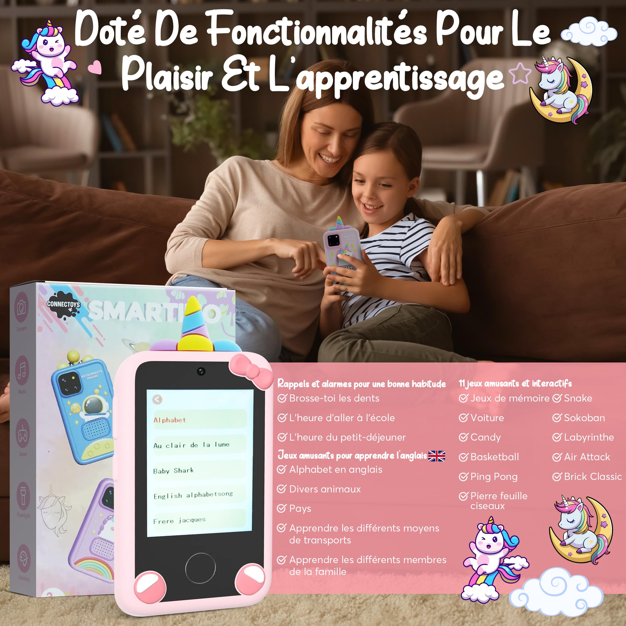 Telefono portatile per bambini – Smartphone giocattolo per bambini – fotocamera per bambini – regalo 3 – 9 anni – 20 giochi educativo-libro audio-musica MP3 in francese-bambino con programma
