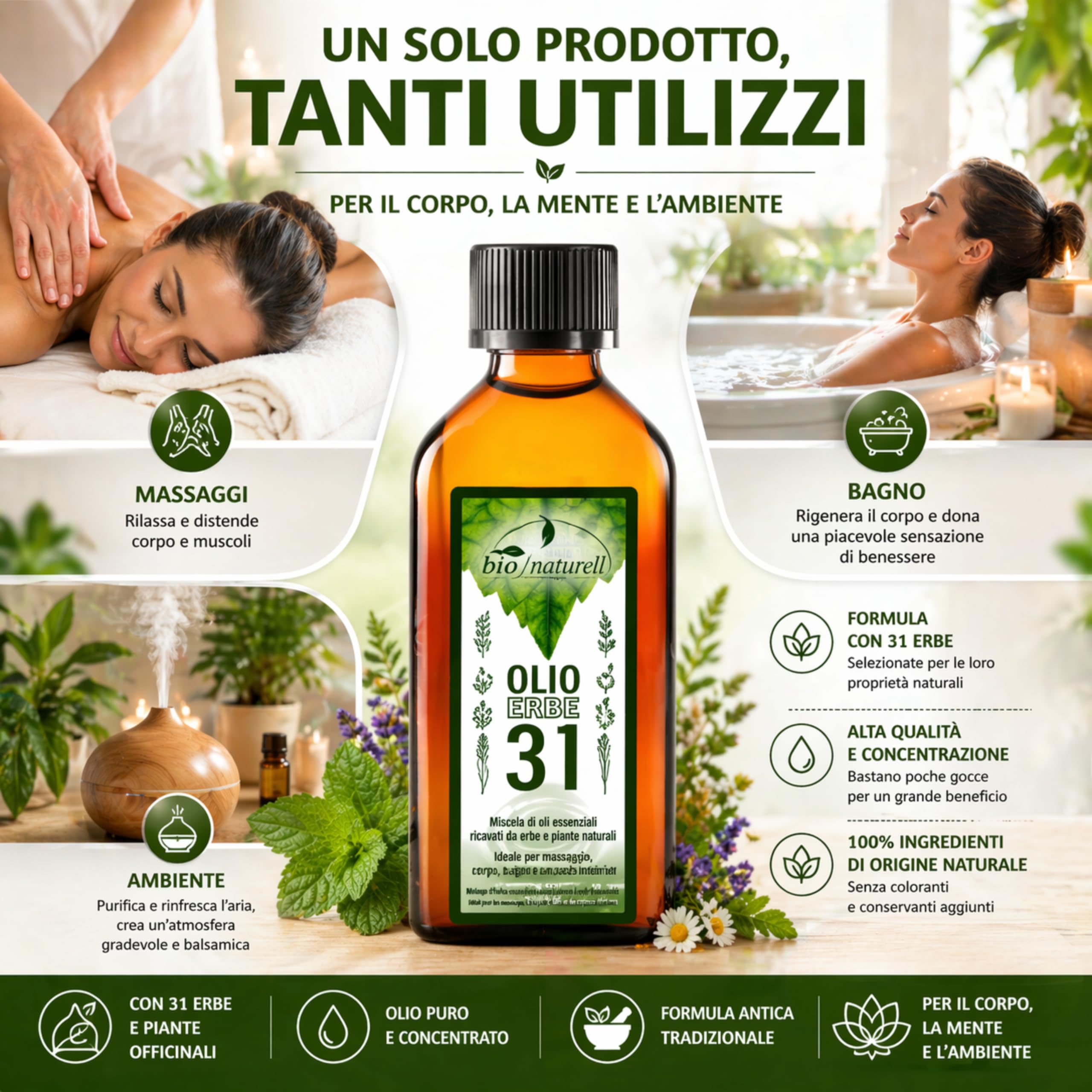 Vitamol Bio 31 Kräuteröl 100 ml – Massageöl für Muskelmassage, Aromatherapie und Diffusoren – Erfrischend, vitalisierend, mit Balsamico-Duft, nicht fettend, hergestellt in Italien (Packung mit 2)