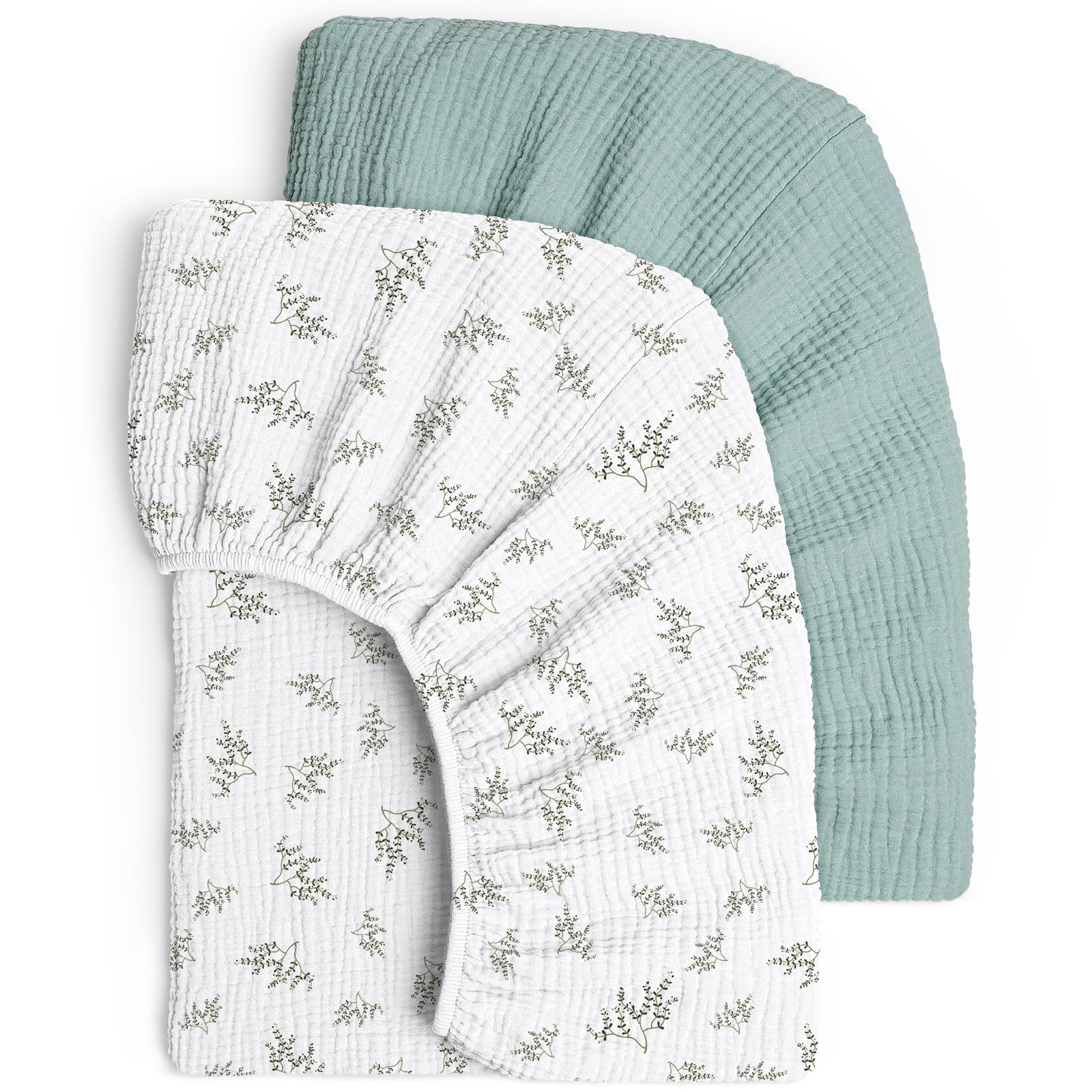 lulumoonlulumoon Set of 2 Children's Fitted Sheets, Muslin Cotton, 60 x 120 cm / 70 x 140 cm, Green Tree