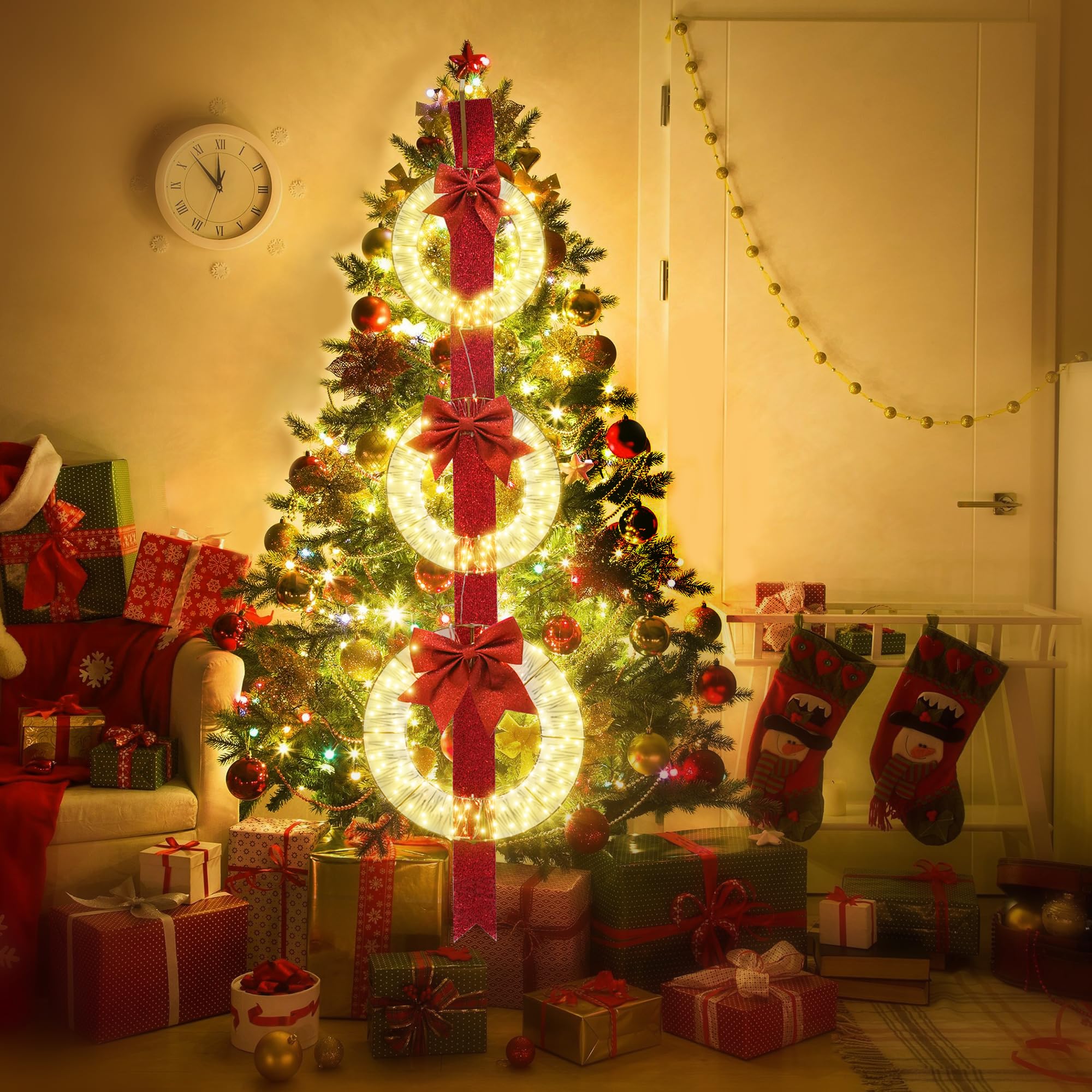 AWQM 61'' Christmas Wreath Decoration, 300 LED Holiday Decor for Home, Christmas Wreath with Lights, Decor Wreath Party Decor for Indoor/Outdoor Front Door Window Wall - Golden Warm Light