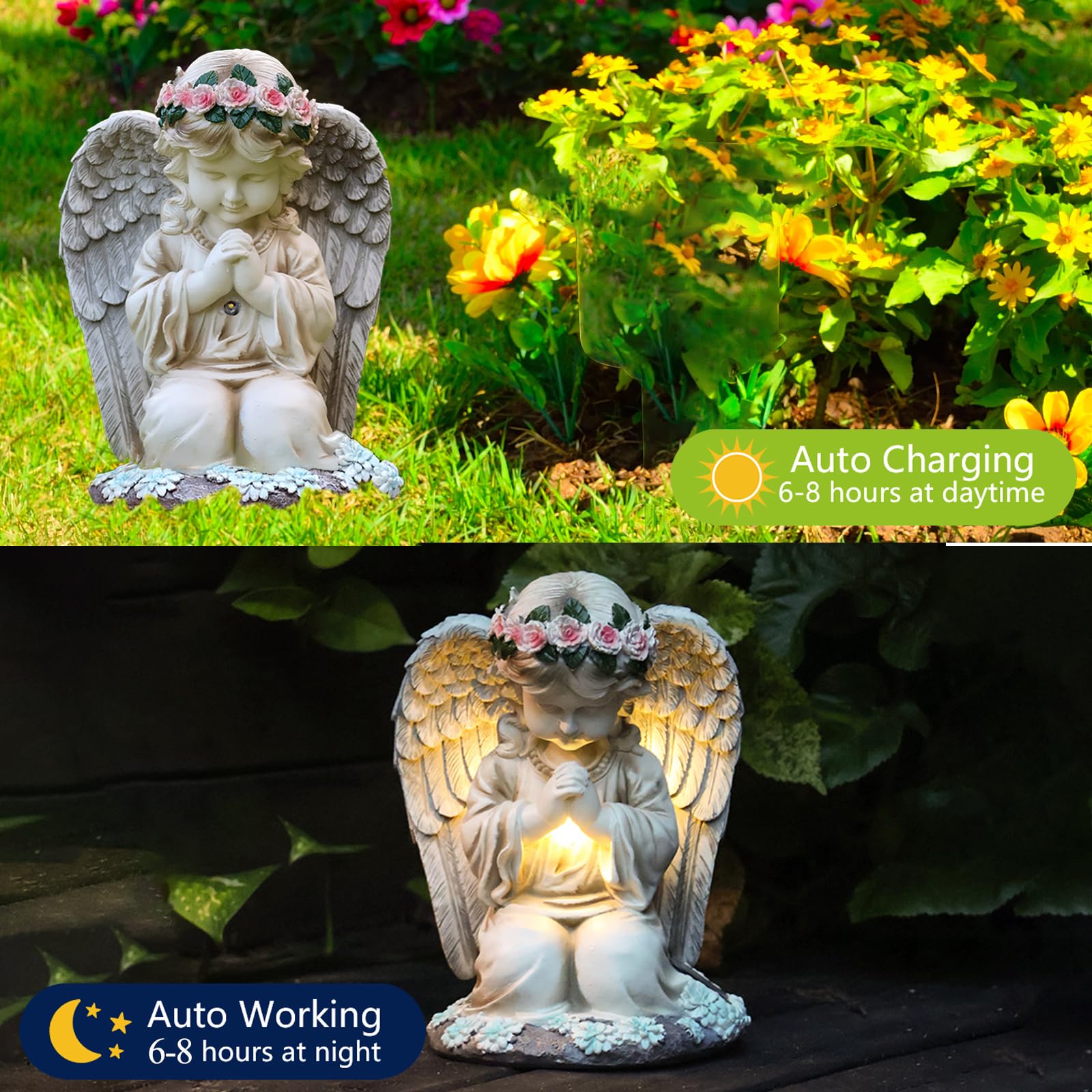 VEEKI Statue d'ange solaire d'extérieur en résine imperméable pour extérieur, jardin, cour, patio, tombe, cimetière, cadeau commémoratif