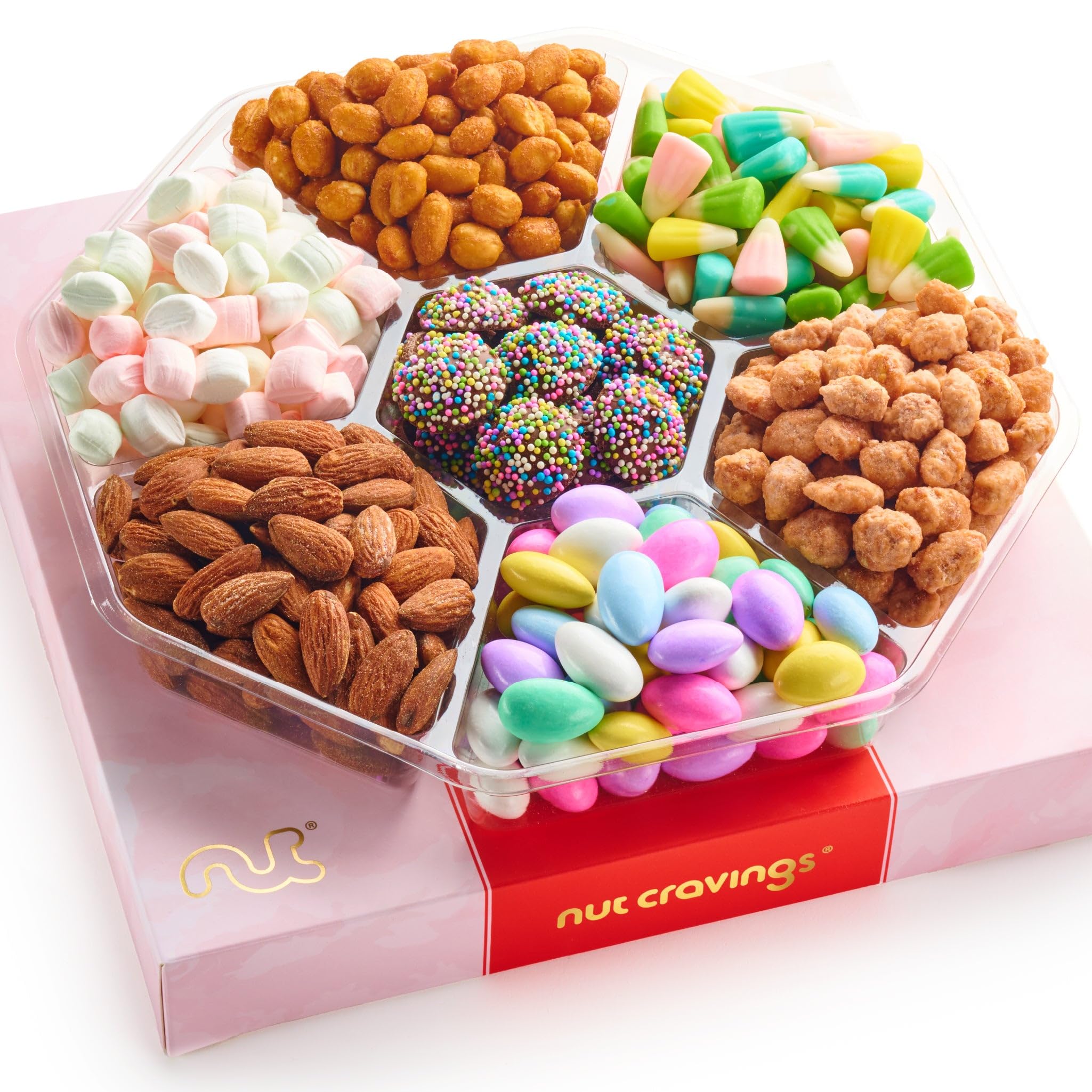 NUT CRAVINGS - Candies & Mixed Nuts Gift Basket in Red & Gold Box (7 Assortments, 1 LB) Food Arrangement, Healthy Snack Care Package, Food Assortments