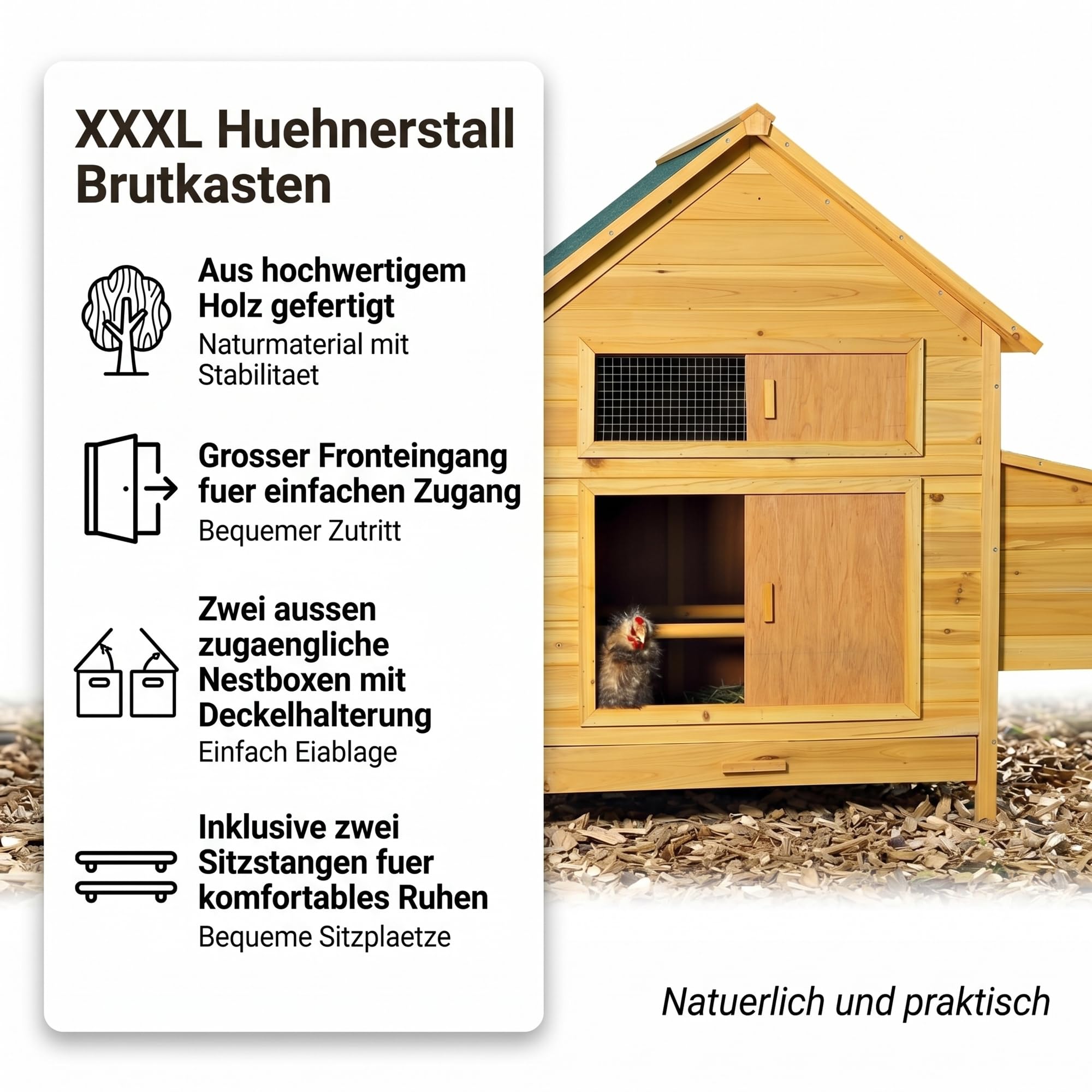 Mucola Hühnerstall XXL 160x115,5 cm Holz Natur – Hühnerhaus mit Freilauf & aufschiebbarem Fenster, abnehmbares Dach – wetterfest Indoor Outdoor – Geflügelstall Hasenstall Kaninchenstall Kleintiere