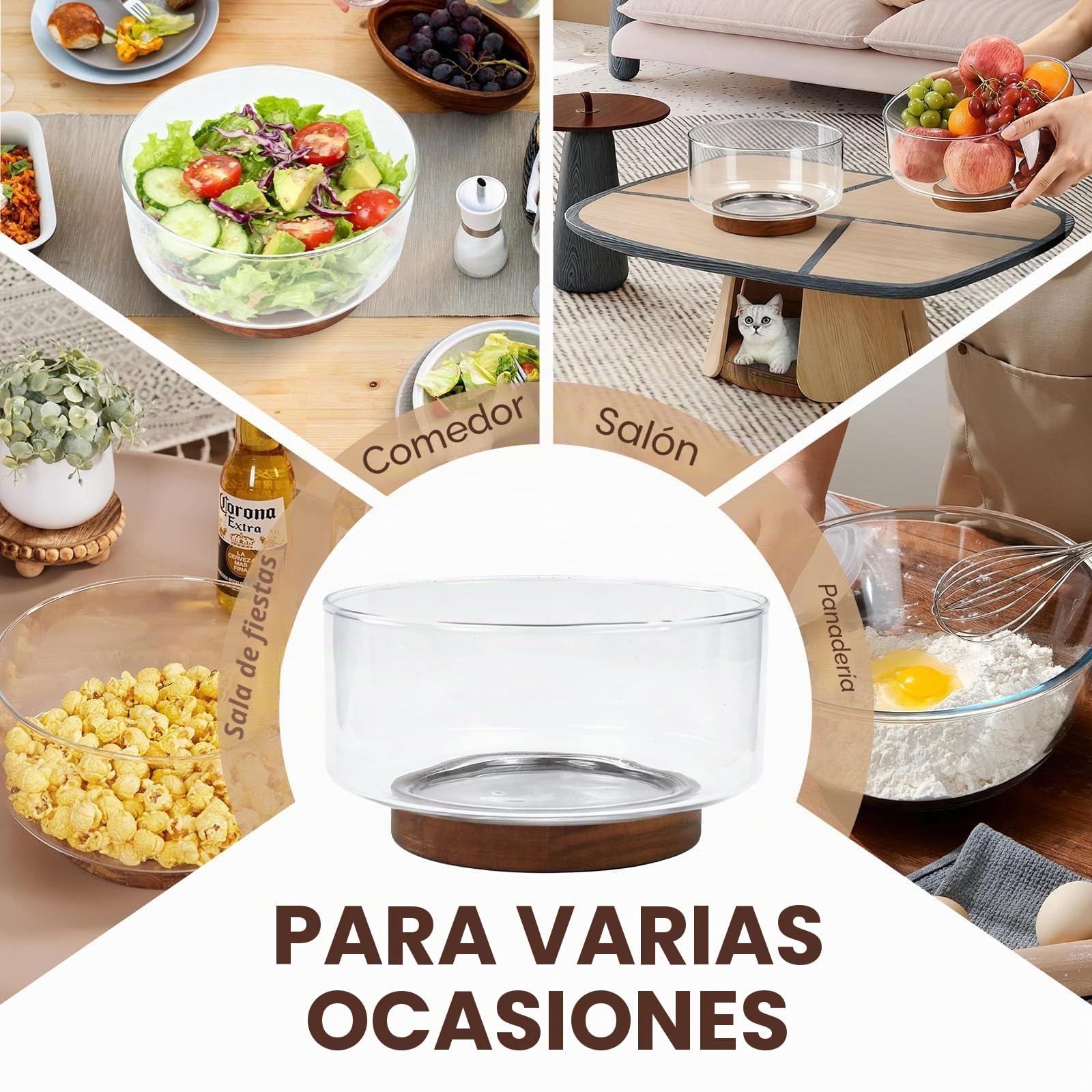 Bol Cocina Cristal 23cm 3700ml Bol Ensalada Grande Bol de Mezcla Ensaladera Cristal con base de Madera Apto para Lavavajillas Microondas para Preparar, Servir y Mezclar + 1x Cuchala 1x Tenedor | Cuenco grande de cristal, ensaladera de cristal extragrande