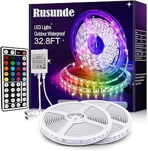 LED Strip Lights Kit Waterproof 5050 RGB 10m 32.8ft Strips Lighting Flexible Color Changing with 44 Keys IR Remote Controller and 12V Power Supply (2x5M)