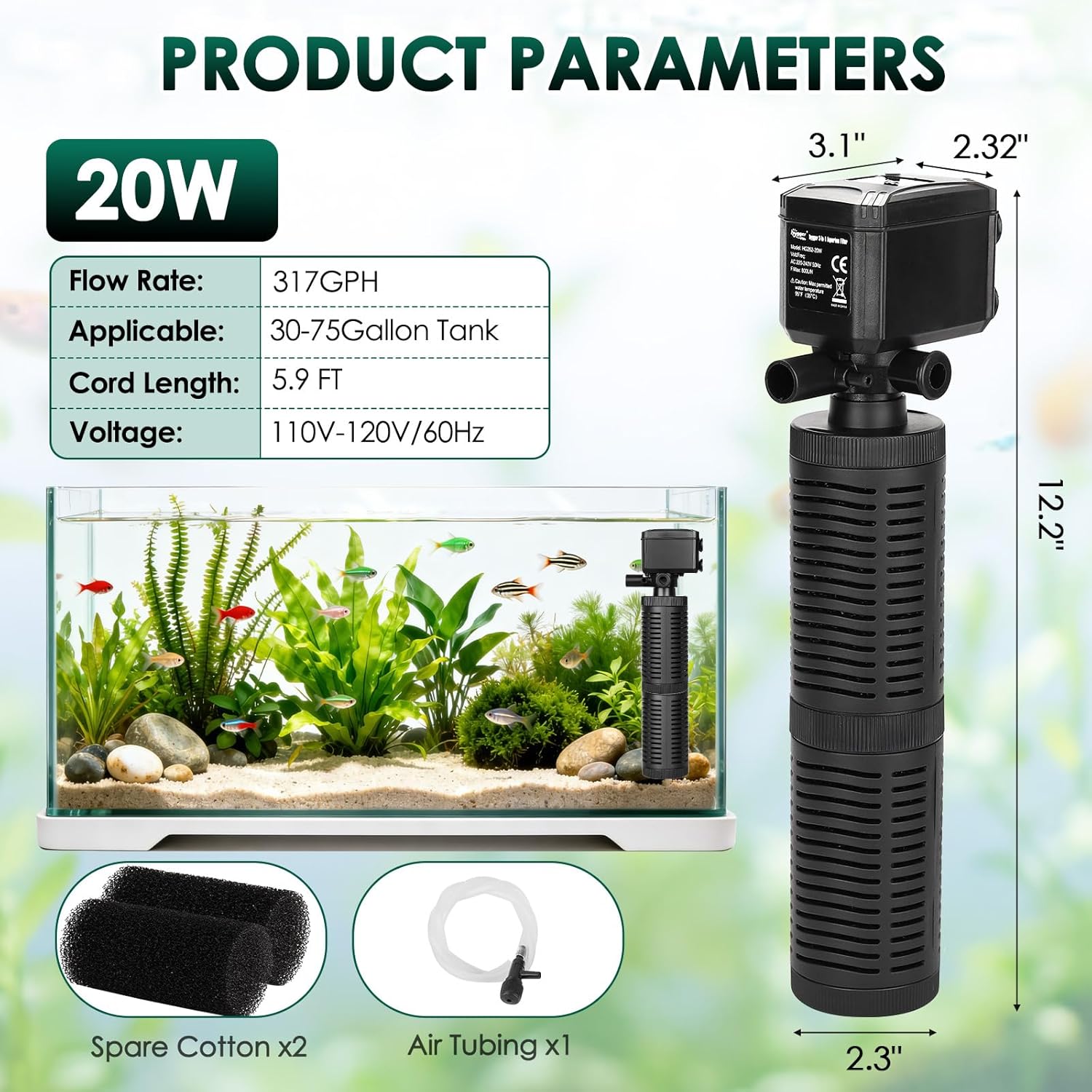 hygger 30-75 Gallon Little Submersible Aquarium Filter in-Tank Filtration with Aeration for Saltwater and Freshwater Fish Tank Internal Filters 317GPH