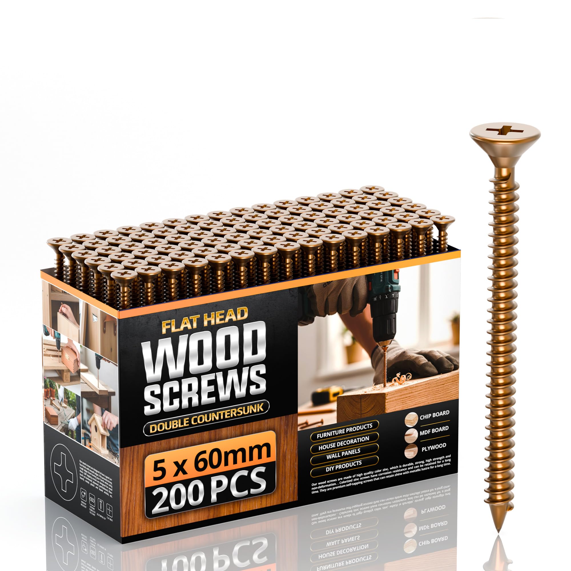 5 x 60mm Multi Purpose Flat Head Wood Screws,200pcs, Zinc Galvanized Single Thread Wood Screws Kit, Self Tapping Assortment Ideal for Diy,Furniture Fix, and Repairs