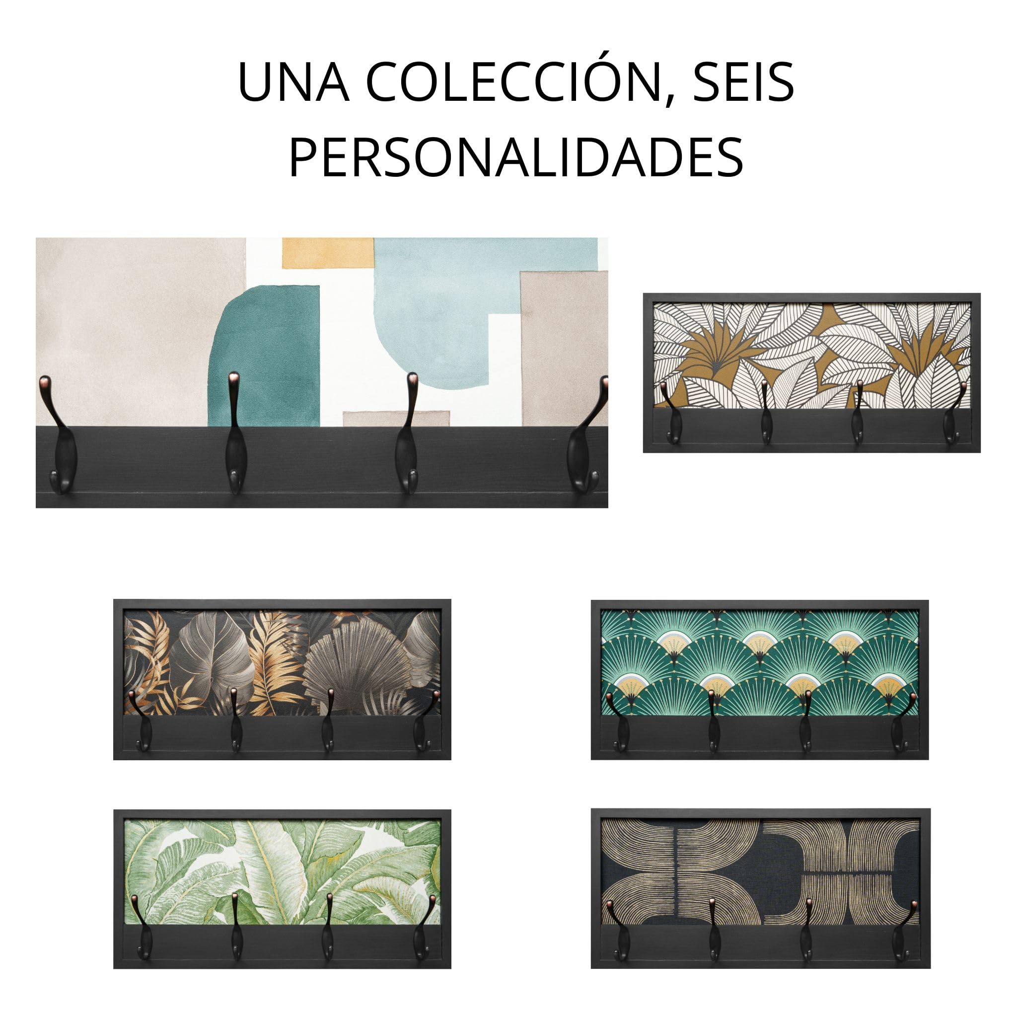 Perchero Pared Madera 52x25cm Contemporáneo Negro 4 Ganchos | Hecho en España. 4 ganchos dobles (8 colgadores) para ropa y abrigos. Ideal para entrada, salón u oficina.