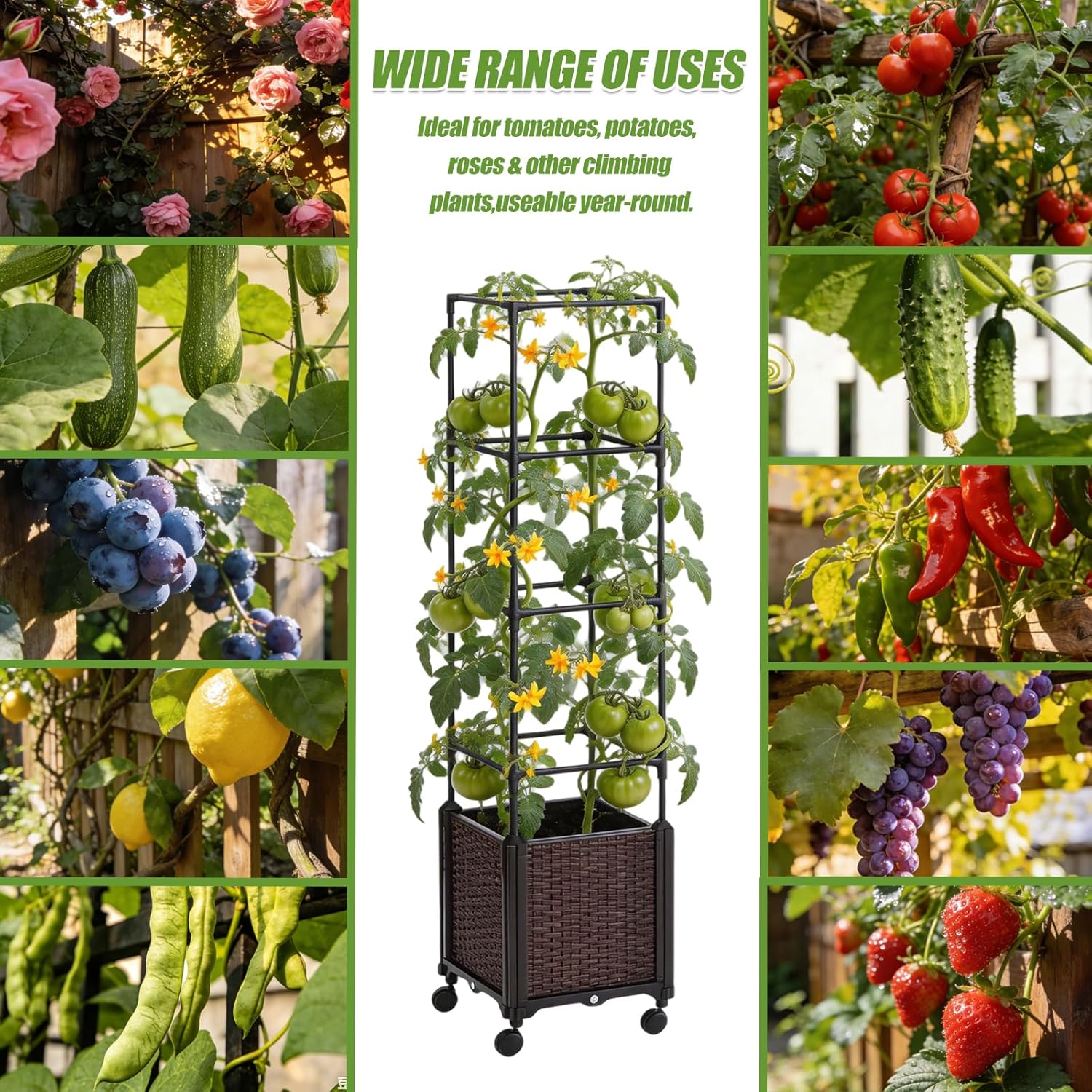 Tomato planter,Raised Garden Bed with Tomato Cage & Trellis, 53"Self-Watering Tomatos Planter with Lockable Wheels,Climbing Plants Large Reservoir for Vegetables Flowers,Indoor Outdoor Patio