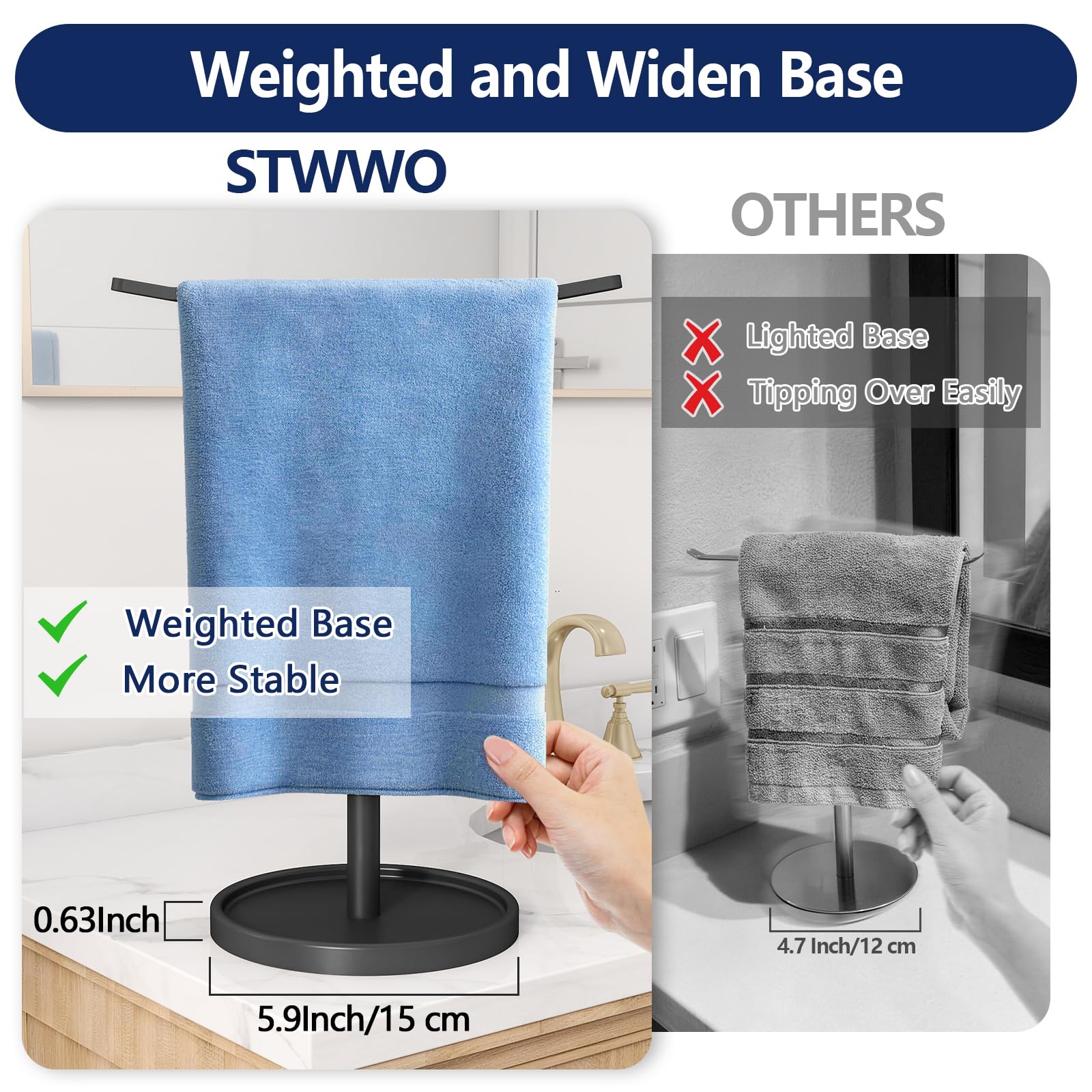 STWWO STWWO Hand Towel Holder, Stainless Steel Towel Holder Stand for Bathroom, Kitchen Countertop, T-Shaped Hand Towel Rack Stand, Black in use