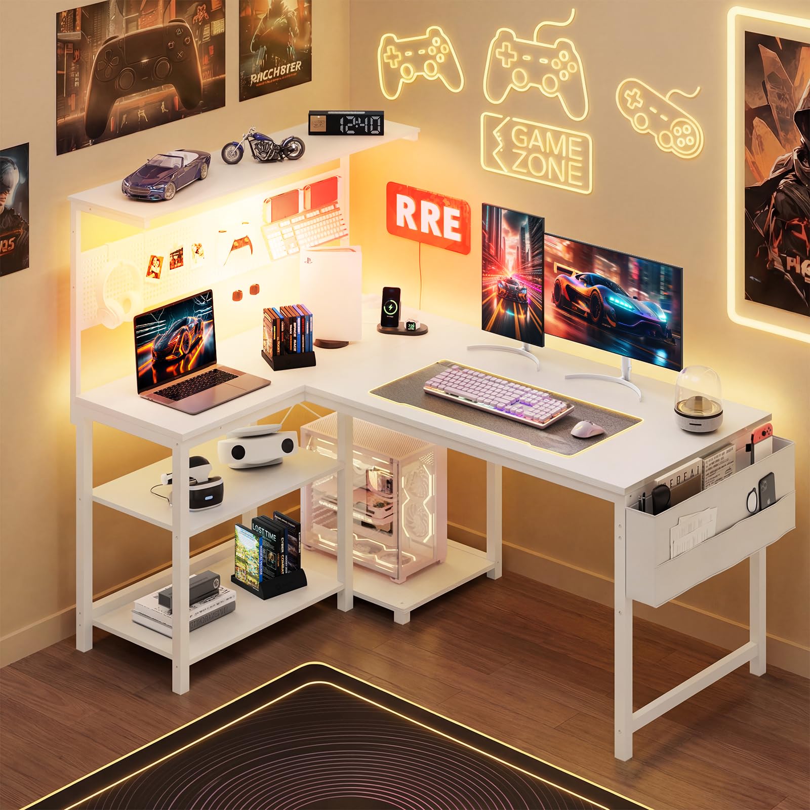 YOUDENOVA Scrivania Gaming a Forma di L, Tavolo Gaming con LED, Presa e USB, Scrivania ad Angolo Reversibile con Ripiano, 120x80cm Tavolo Computer con Portaoggetti per Home Office e Gamer, Bianco