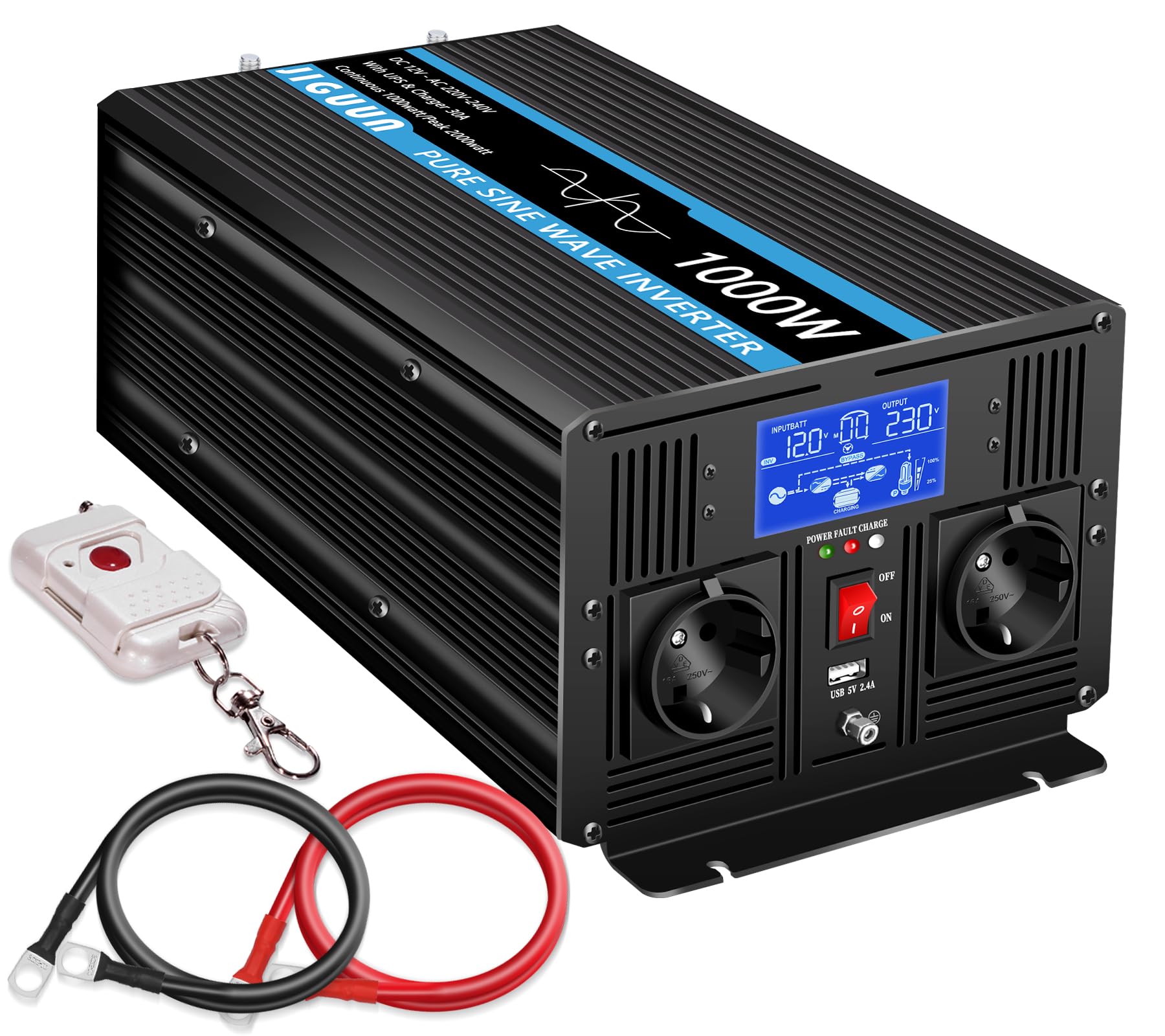 JIGUUN 1000W Inverter onda pura 12v 220V Trasformatore con caricatore 30A e circuito di priorità di rete e UPS，2 prese EU, telecomando wireless e display a LCD Potenza di picco 2000W (1000W12V)