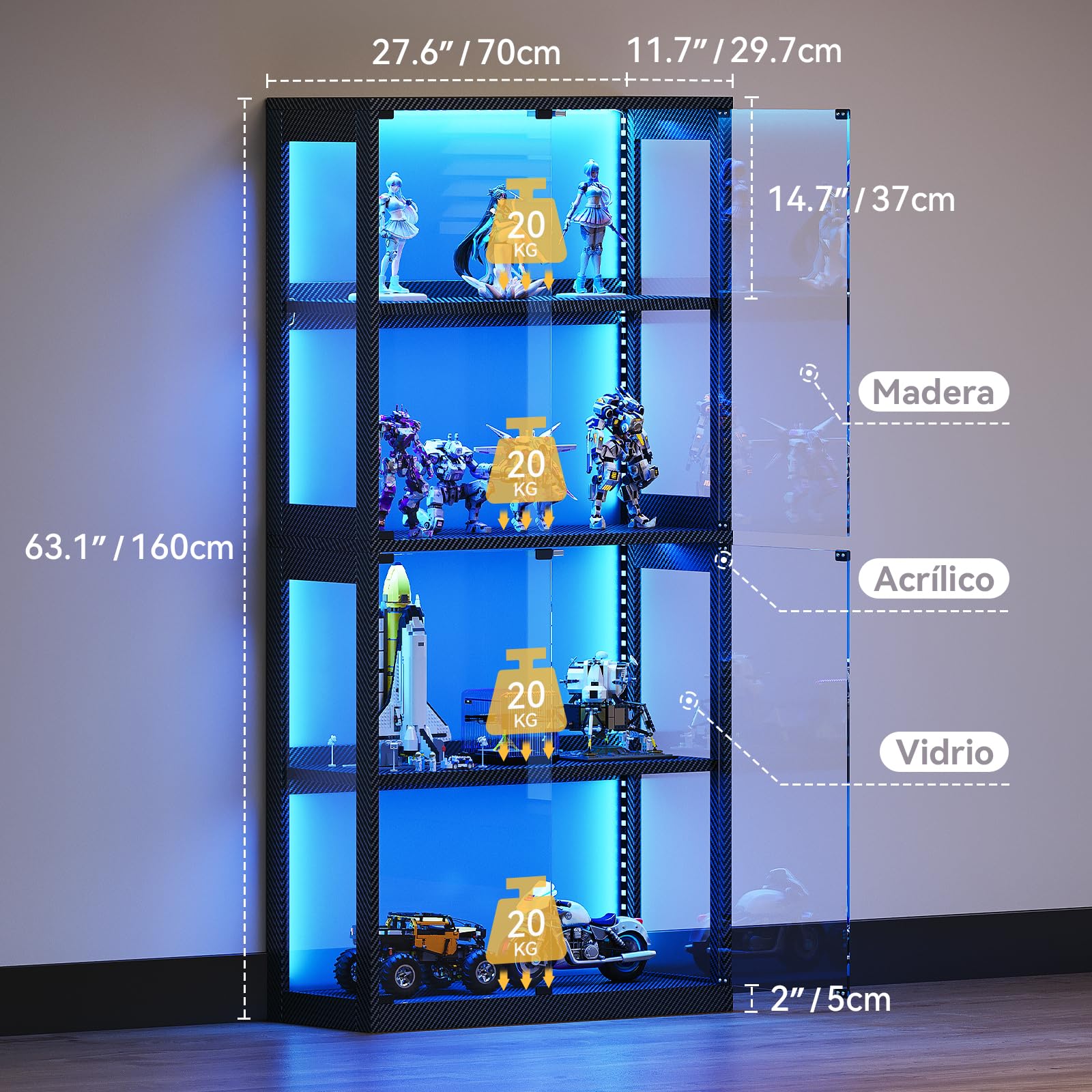 Coleshome Vitrina Cristal LED 4 Estantes, Expositor Puertas, 160cm, Negro | Montaje Fácil Acrílico 360° Anticaída Mando Fibra Carbono Cerrado Salón Oficina Gaming