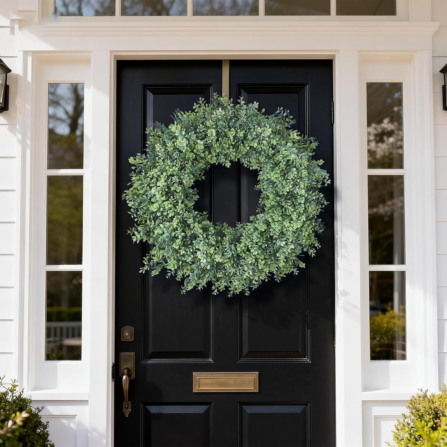 32'' Large Boxwood Wreath for Front Door, Porch, Window- Artificial Boxwood Leaves Greenery Outdoor Wreath for Home, Farmhouse Wall Decor- Spring, Summer, Fall, All Seasons (Green) 32"