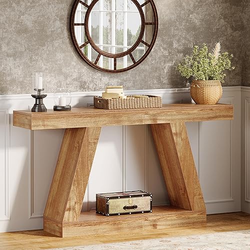 Miniatura 9 de Tribesigns Mesa consola de granja, mesa de sofá rústica de 55 pulgadas con almacenamiento, mesa de entrada de madera industrial para pasillo, sala