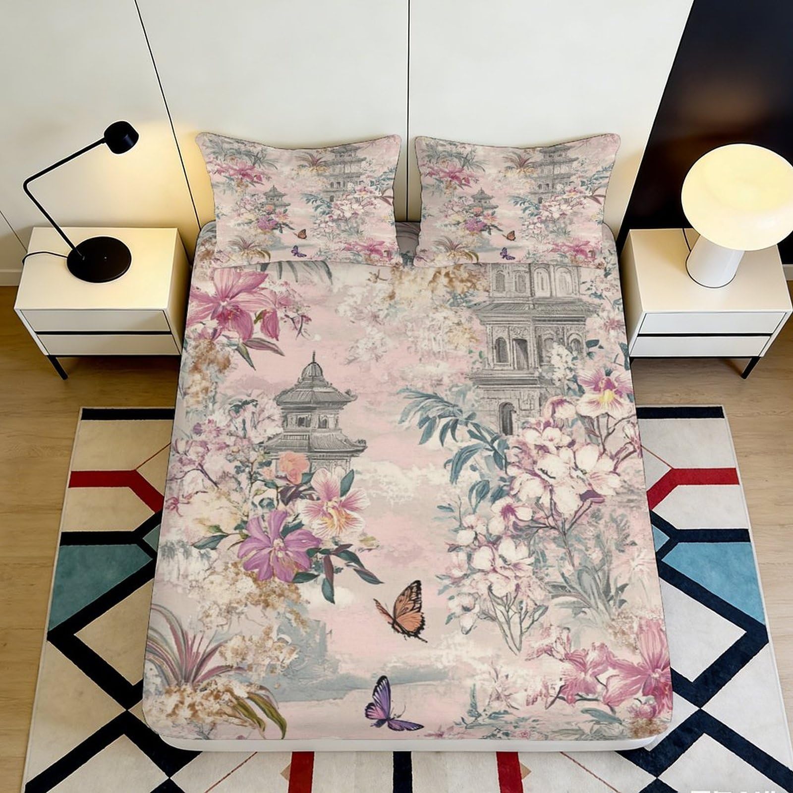 Pnayamiorkfel Style-5 3D Printed Oriental Pavilion Fitted Sheet Microfiber Floral Butterfly Mattress Cover For Bedroom Decor Easy Care 90X200x25cm