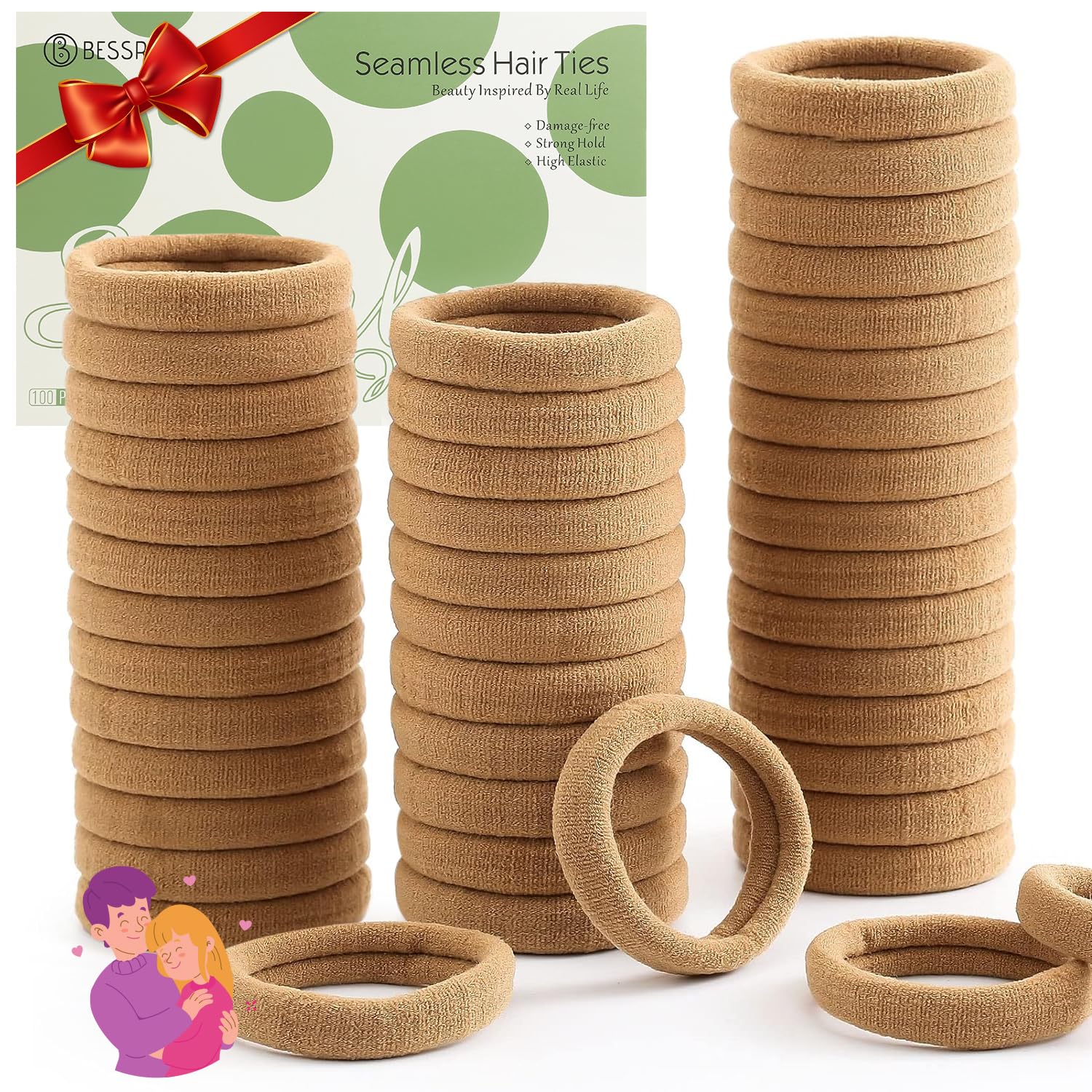 100 Pcs Thick Seamless Hair Ties, Ponytail Holders Hair Accessories No Damage for Thick Hair Christmas Gift(Light Brown Colors)