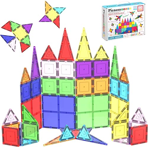 PicassoTiles 60 Piece Set 60pcs Magnet Building Tiles Clear Magnetic 3D Blocks Construction Playboards - Creativity Beyond Imagination, Inspirational, Recreational, Educational, Conventional