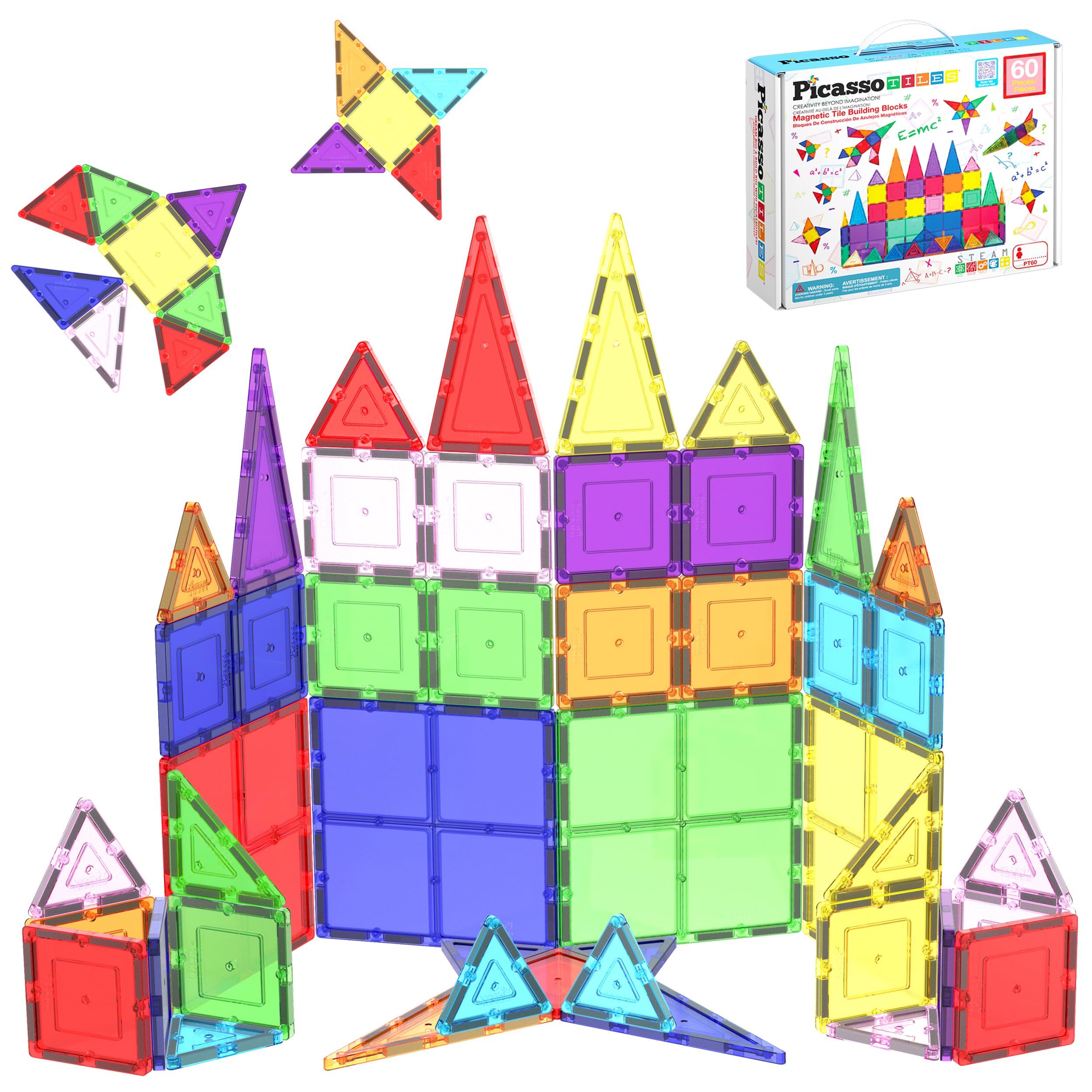 PicassoTiles 60 Piece Set 60pcs Magnet Building Tiles Clear Magnetic 3D Blocks Construction Playboards - Creativity Beyond Imagination, Inspirational, Recreational, Educational, Conventional