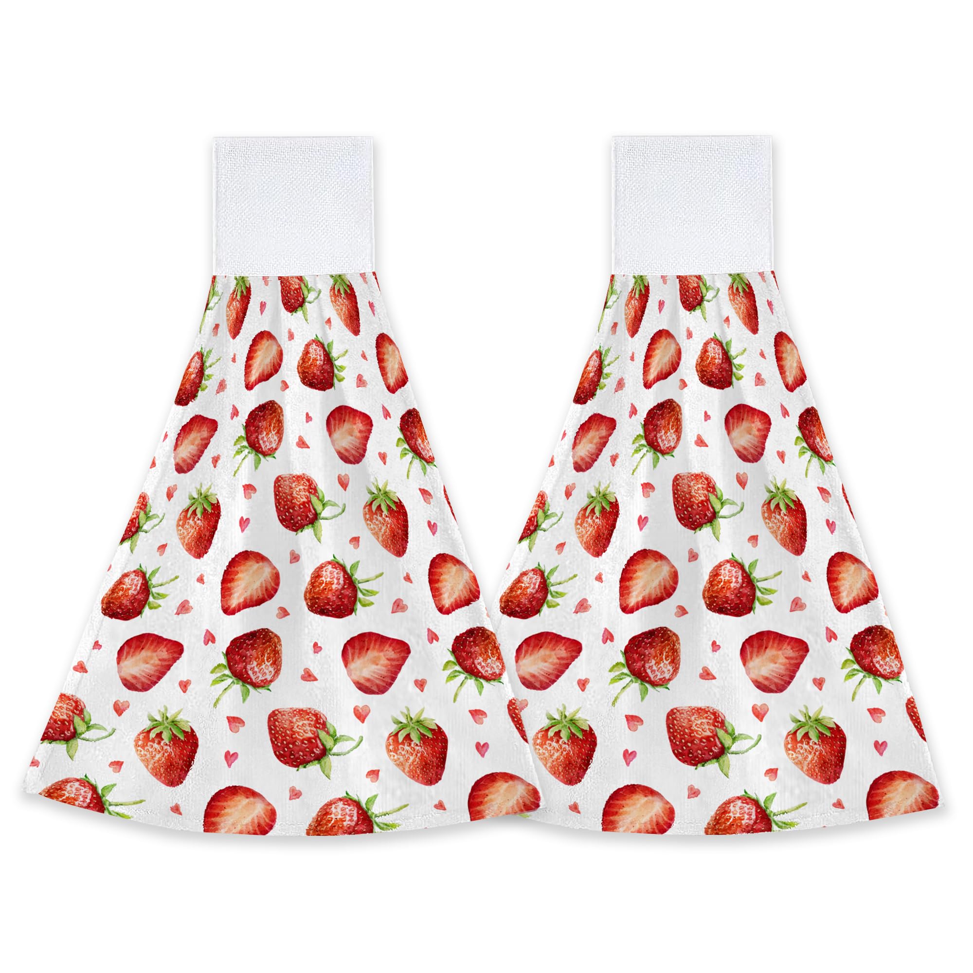 Cute Strawberry Kitchen Hand Towels Hand Tie Towels Set of 2 PCS Dish Towels with Loops Tea Bar Dish Cloths Towel for Bathroom Home