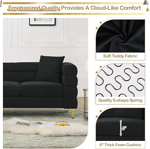 Miniatura 6 de Sofá cómodo de bouclé en forma de L, sofá seccional extragrande de 207 cm con diseño de asiento profundo, sofá de esquina tapizado con 3 almohadas,