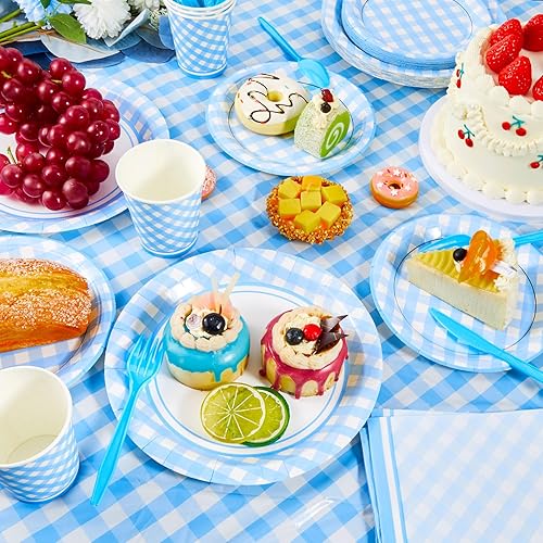 Miniatura 10 de Preboun 198 piezas de suministros de fiesta de cuadros azul claro y blanco para 24 invitados, mantel a cuadros azul con banderín, banderín, plato,