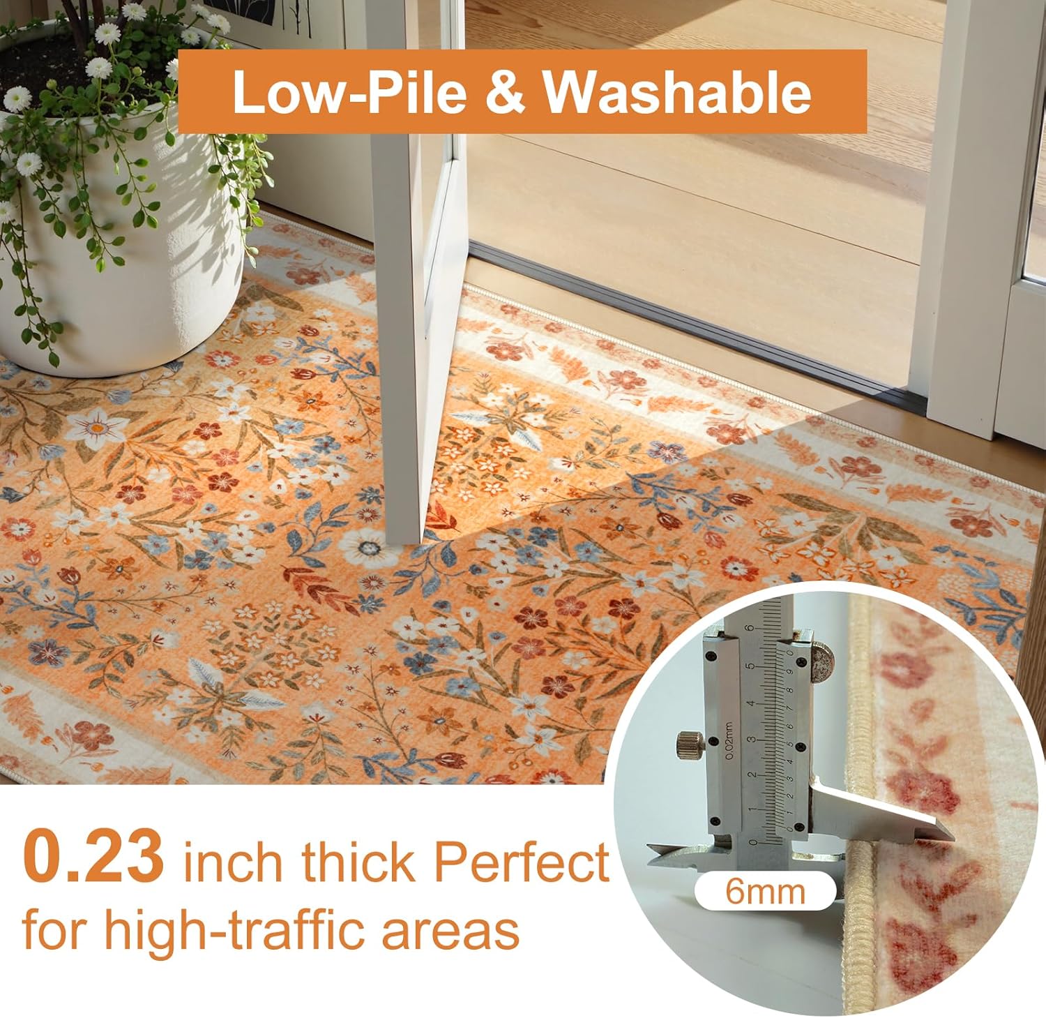 LEEVAN Floral 5x7 Area Rugs for Bedroom, Washable Boho Living Room Rug, Fall Decor Vintage Dining Room Mat, Non Slip Nursery Bedside Rug, Thin Low Pile Carpet for Office(Orange)