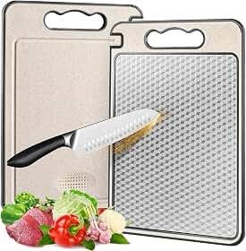Tabua de Corte Dupla Face de Aço Inoxidável e PP, 36 cm x 24 cm, Não Tóxica, Manuseia Carne e Vegetais Separadamente, Lavável Na Máquina de Lavar Louça, Design de Malha Resistente a Arranhões