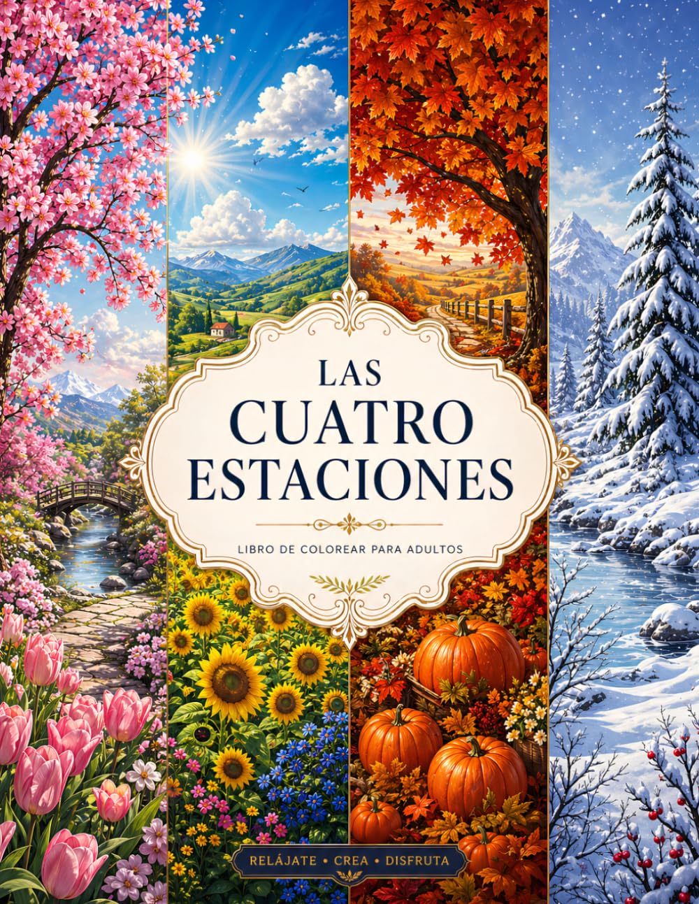 LAS CUATRO ESTACIONES: Libro de Colorear de Flores y Paisajes para Adultos