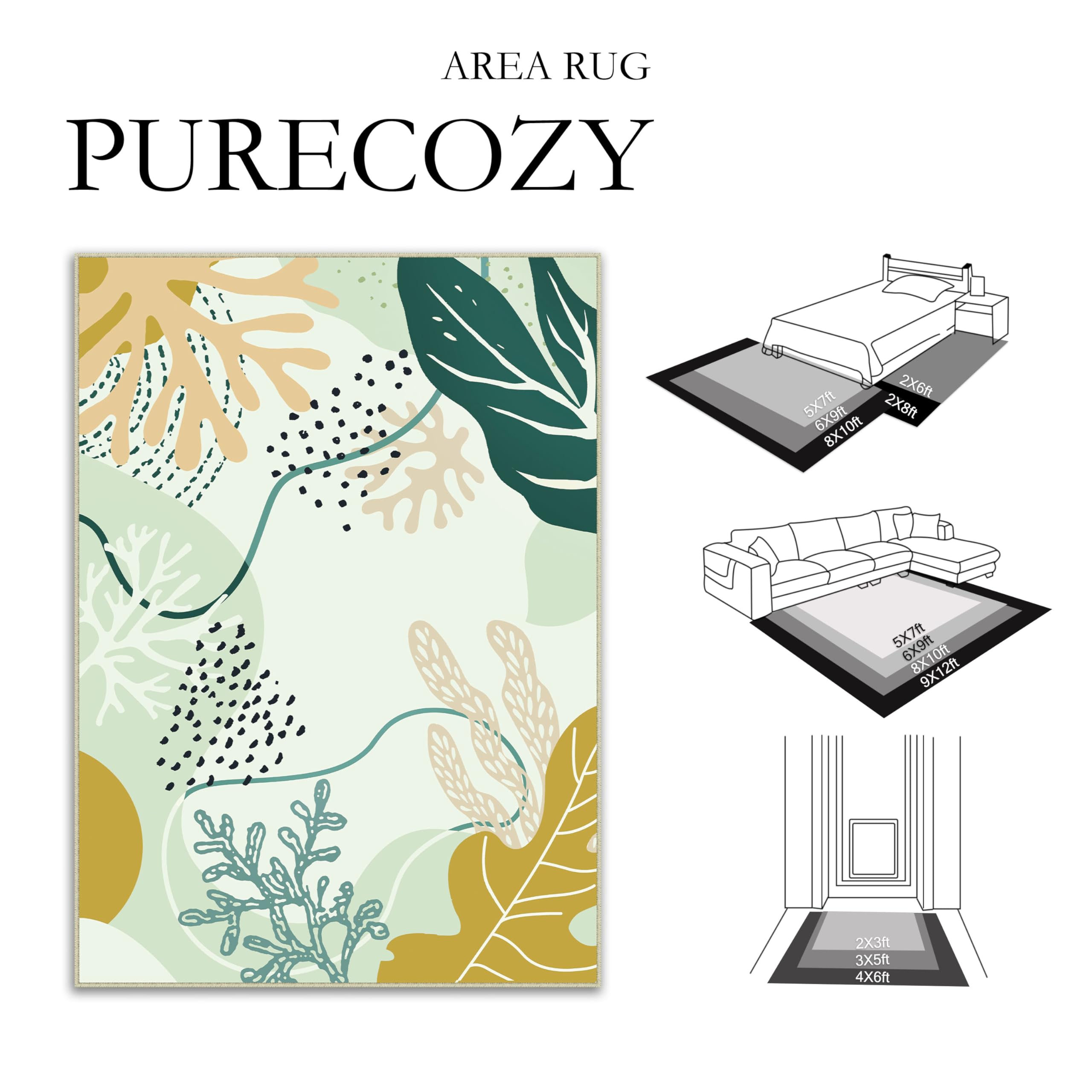 PureCozy 4x6 Green Washable Area Rugs for Living Room Small Non Slip Indoor Cute Soft Throw Low Pile Kids Nursery Rug Thin Coral Print Carpet for Office College Dorm Laundry Dining Room Bedroom