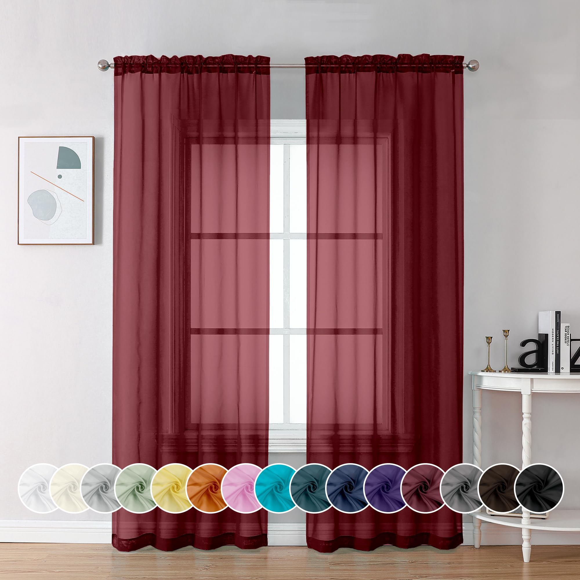 Chyhomenyc Burgundy Sheer Curtains 84 Inches Long 2 Panels, Light Filtering Voile Christmas Curtain Drapes Window Treatment for Bedroom Living Room, Each 42Wx84L Inch