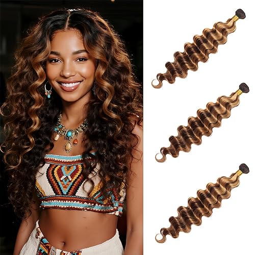 Manojos de cabello humano ondulado profundo de 14, 16, 18 pulgadas, 12A, virgen, brasileño, 3 paquetes de extensiones de dos tonos marrón oscuro a