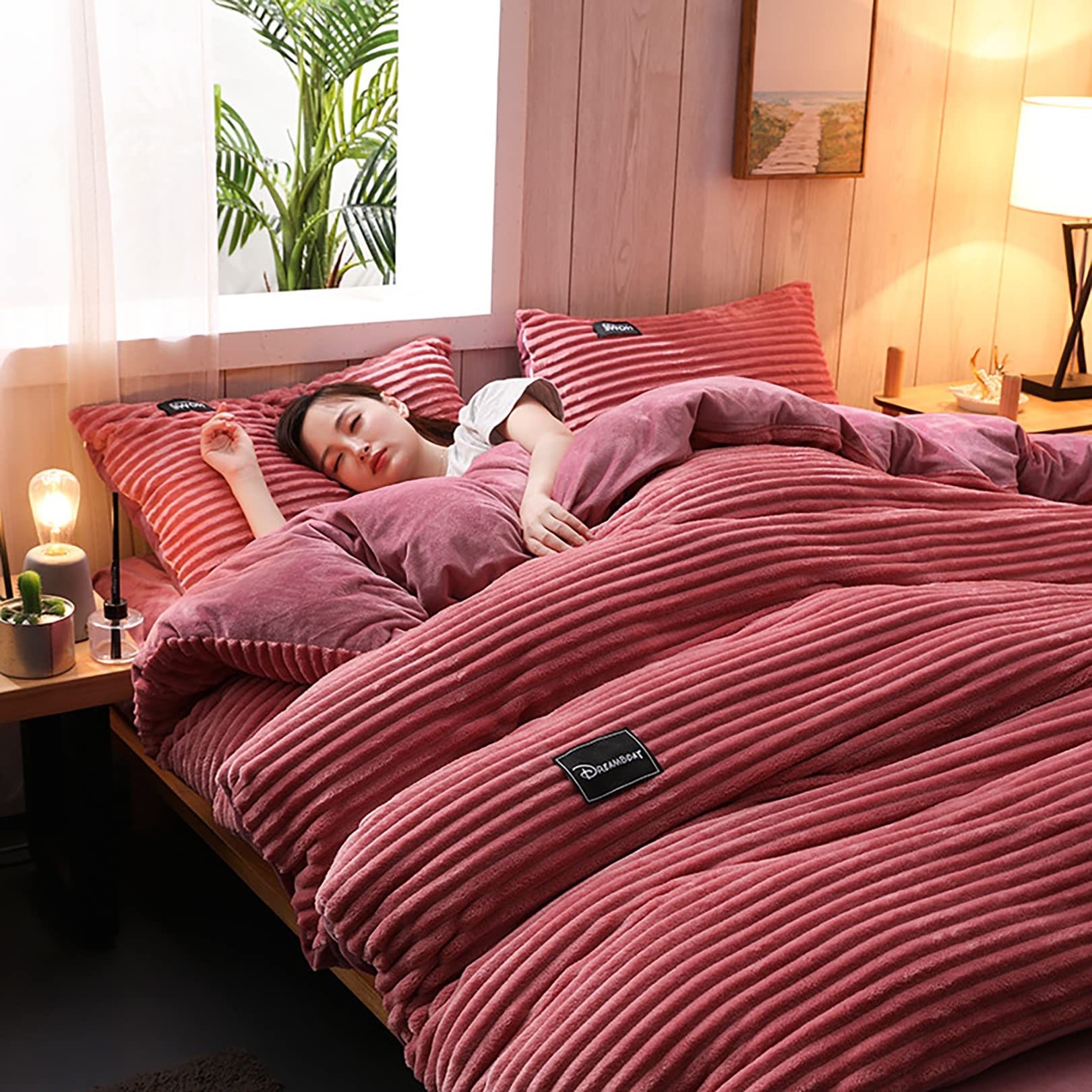 ALEjon Juego de Funda nórdica de Terciopelo Rosa, Lujosa Ropa de Cama tamaño Queen con 2 vergüenzas de Almohada - Suave y Elegante - Funda de edredón de 4 Piezas - 220x240cm