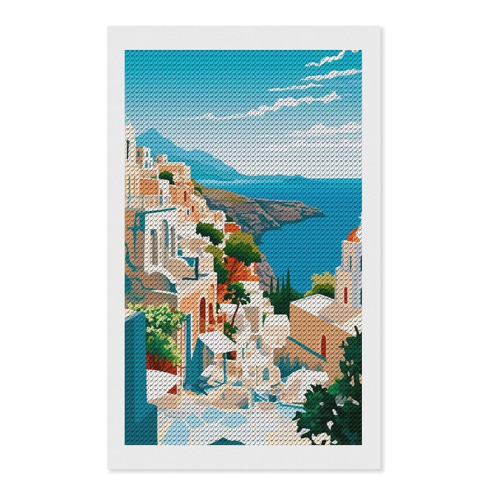 Junmoney Mediterranean Village Seascape Diamond Painting Canvas Set 12"x20", with Tool Kit, Easy to Enjoy, Home Wall Decor, Thoughtful Handmade Gift