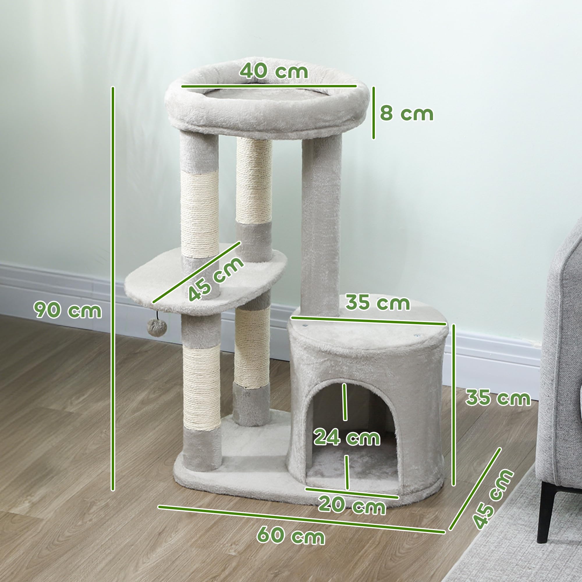 PawHut Drzewo dla kota wysokość 90 cm z drapakami dla 1-2 jasnoszarych kotów | Wieża gier, platforma, budka, wisząca piłka, pluszowa tkanina, wielopoziomowa