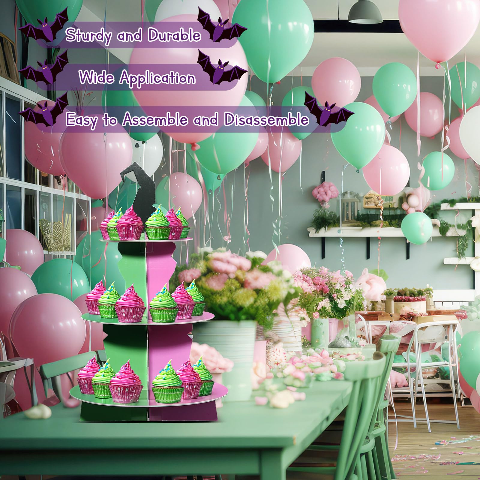 Chunful 3 Tier Pink and Green Cupcake Stand Witch Themed Birthday Party Decoration Halloween Cupcake Holder Round Cardboard Dessert Tower with Topper for Halloween Birthday Party Supplies