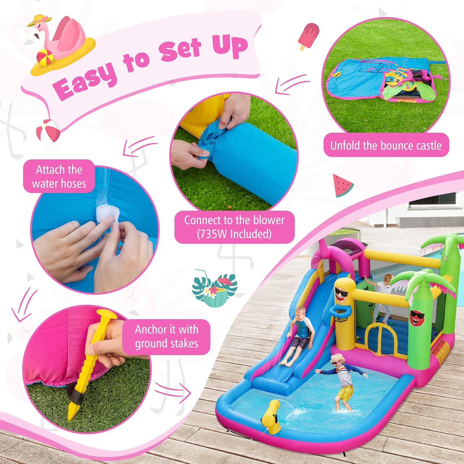 KOTEK Inflatable Water Slide, 6-in-1 Water Park Waterslide Inflatables with Jumping Bouncy Castle, Climbing Wall & Ball Pit, Blow up Bounce House Water Slides for Kids Backyard Fun with 735W Blower