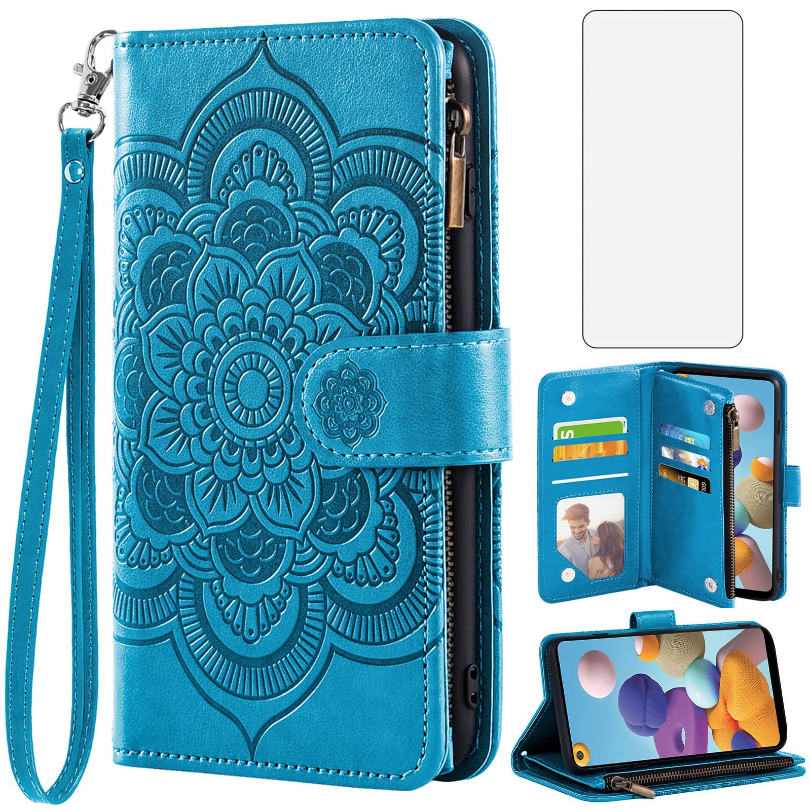 Asuwish Phone Case for Samsung Galaxy A21 Wallet Cover with Tempered Glass Screen Protector and Flower Leather Flip Credit Card Holder Stand Slot Cell Accessories Glaxay Gaxaly 21A 2020 Women Men Blue