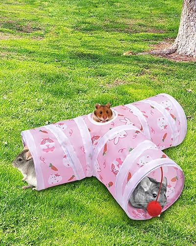 Bissap Rabbit Tunnel, 9.8'' Collapsible Bunny Tunnel and Tube 3 Ways Pet Hideout with 1 Play Ball for Indoor Kittens Dwarf Rabbits Bunnies Guinea Pigs Chinchillas Small Animal Activity Fun Toys (Pink)(Pink,Large)