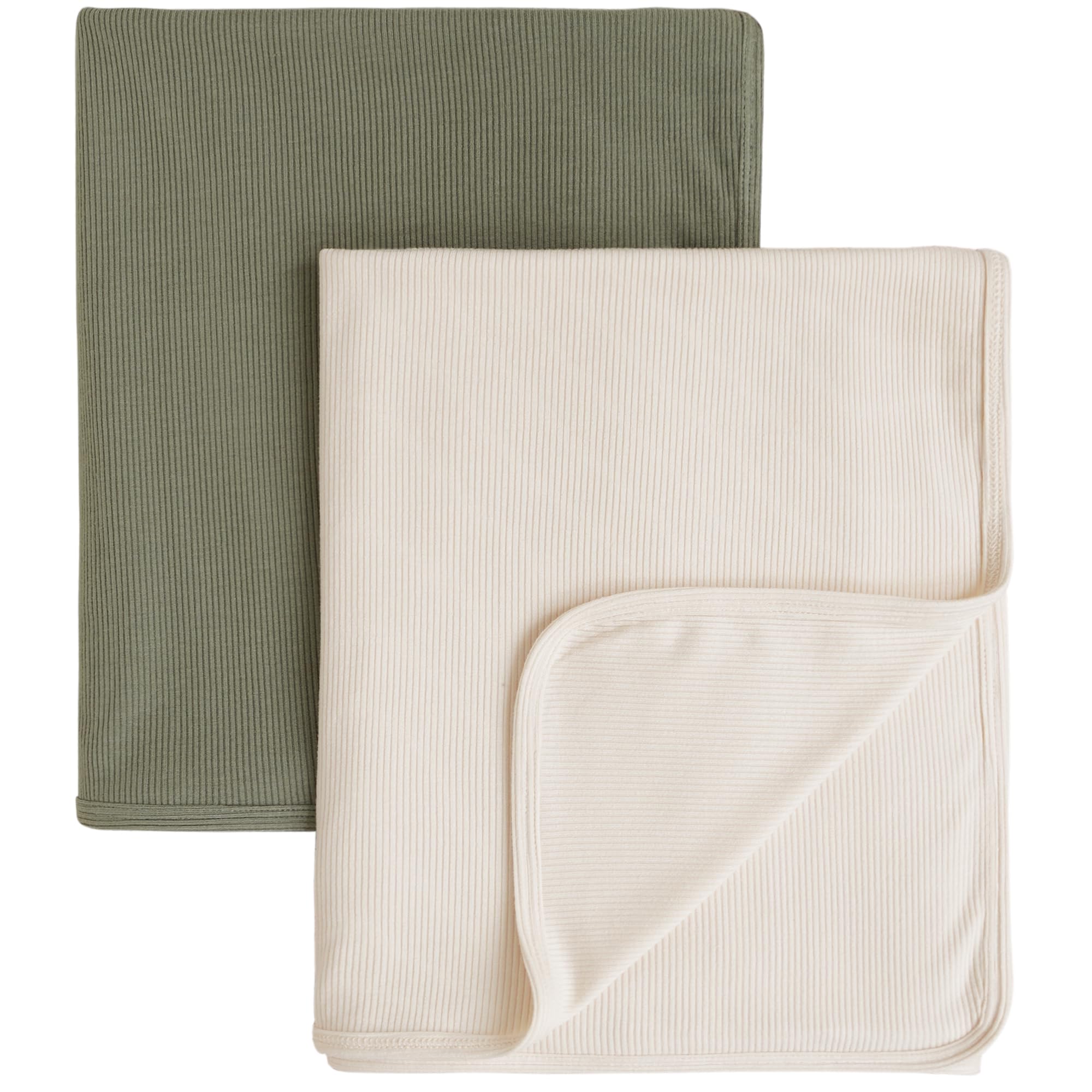 Konssy Knit Baby Blanket 2 Pack, Soft Ribbed Swaddle Receiving Blankets for Boys & Girls, Lightweight Cozy Swaddling Wrap for Newborns, Infants, & Toddlers, 33x42 Inch (Beige, Sage)