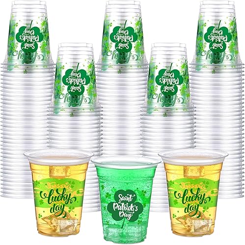 Aoriher 100 tazas de trébol del día de San Patricio de 12 onzas desechables de plástico para feliz día de San Patricio, tazas verdes transparentes
