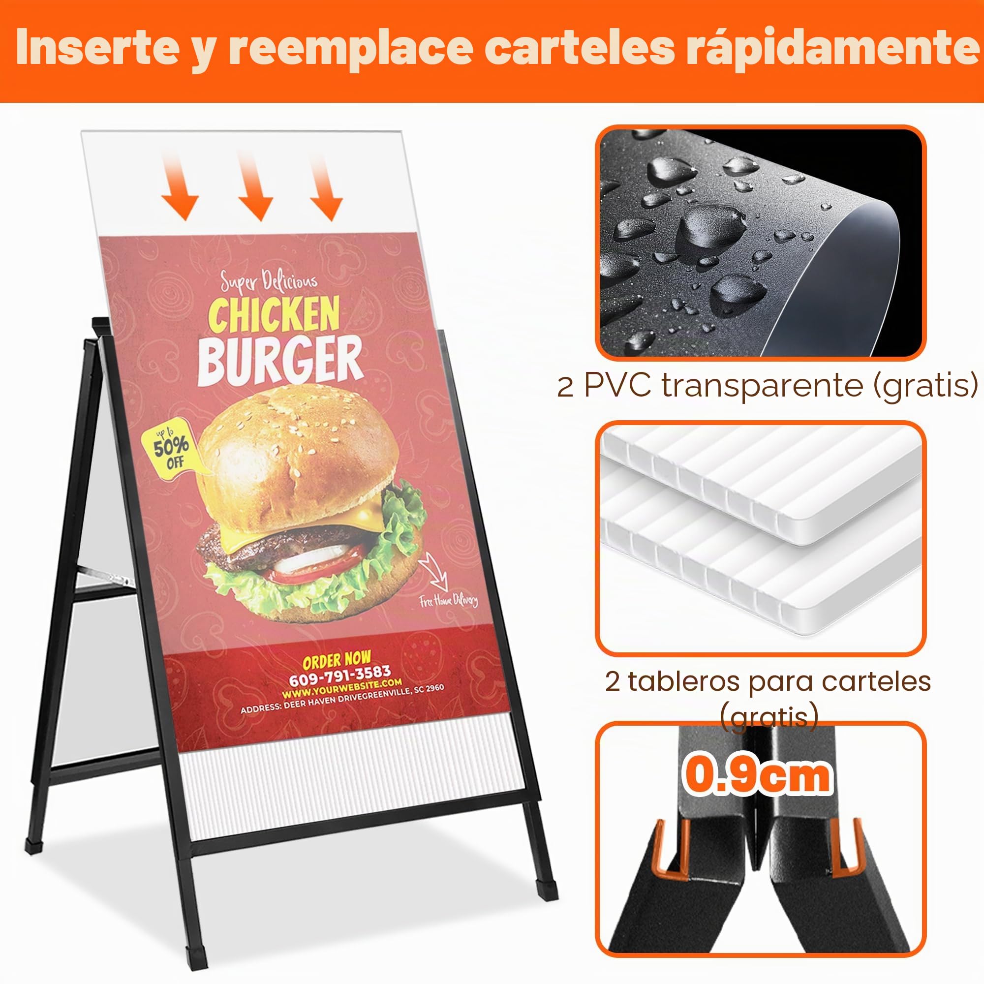 Marco de letrero de pavimento A1 A-Board doble cara, soporte de póster resistente con hojas de plástico corrugado para publicidad exterior