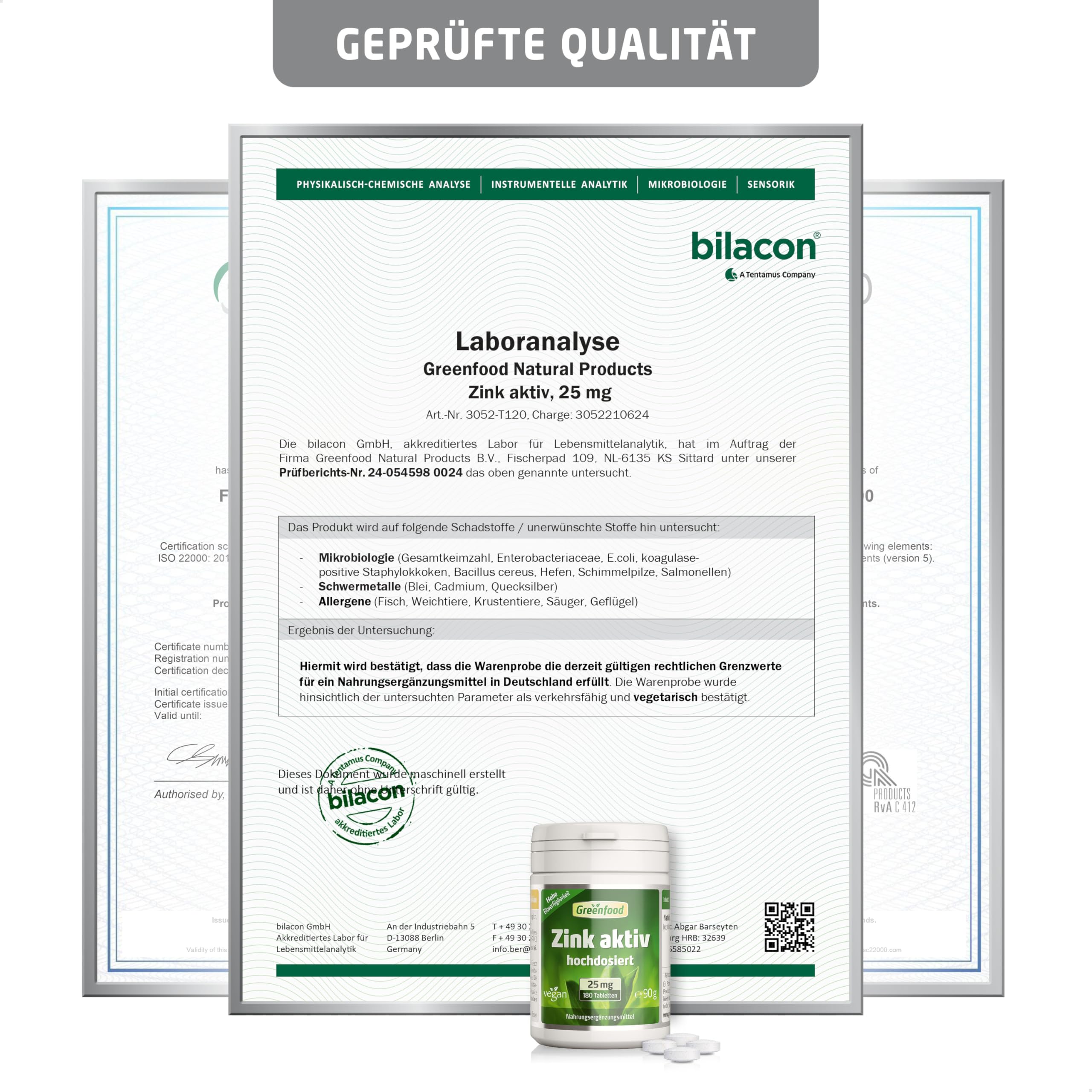 Zink aktiv, hochdosiert, 25mg - 180 Tabletten, vegan. Zinkbisglycinat - für hohe Bioverfügbarkeit. Wichtig für Stoffwechsel & Immunsystem etc. OHNE künstliche Zusätze - laborgeprüft. Von Greenfood.