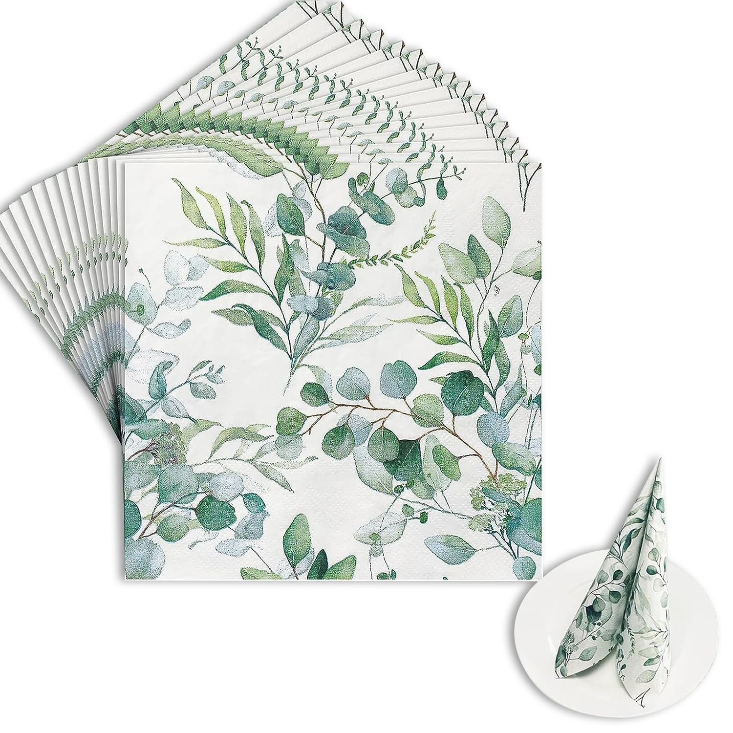 Tovaglioli Di Carta Con Stampa Eucalipto - 60 Pezzi | Verde E Bianco | Per Matrimoni, Battesimi E Feste - Foto 7