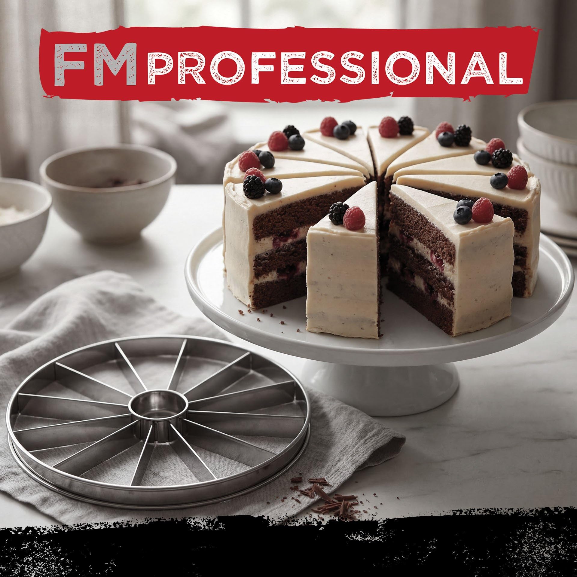 FMprofessional Tortenteiler aus Edelstahl – Tortenschneider für 12 gleichgroße Stücke, rostfreier Kuchenportionierer für Torten und Kuchen, spülmaschinengeeigneter Kuchenteiler