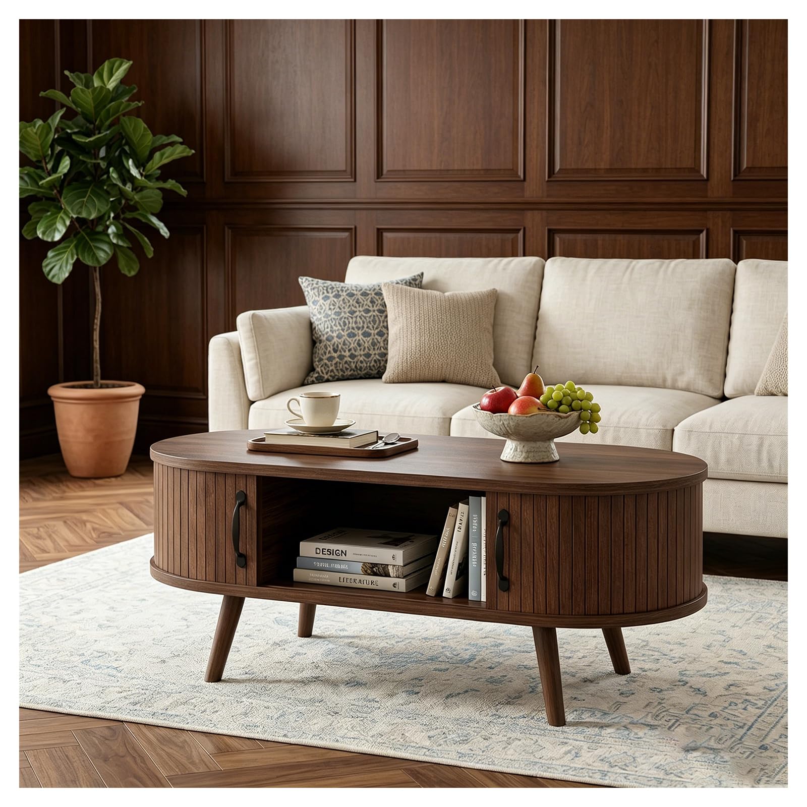 Table basse ovale en bois marron idéale pour vos soirées conviviales au salon