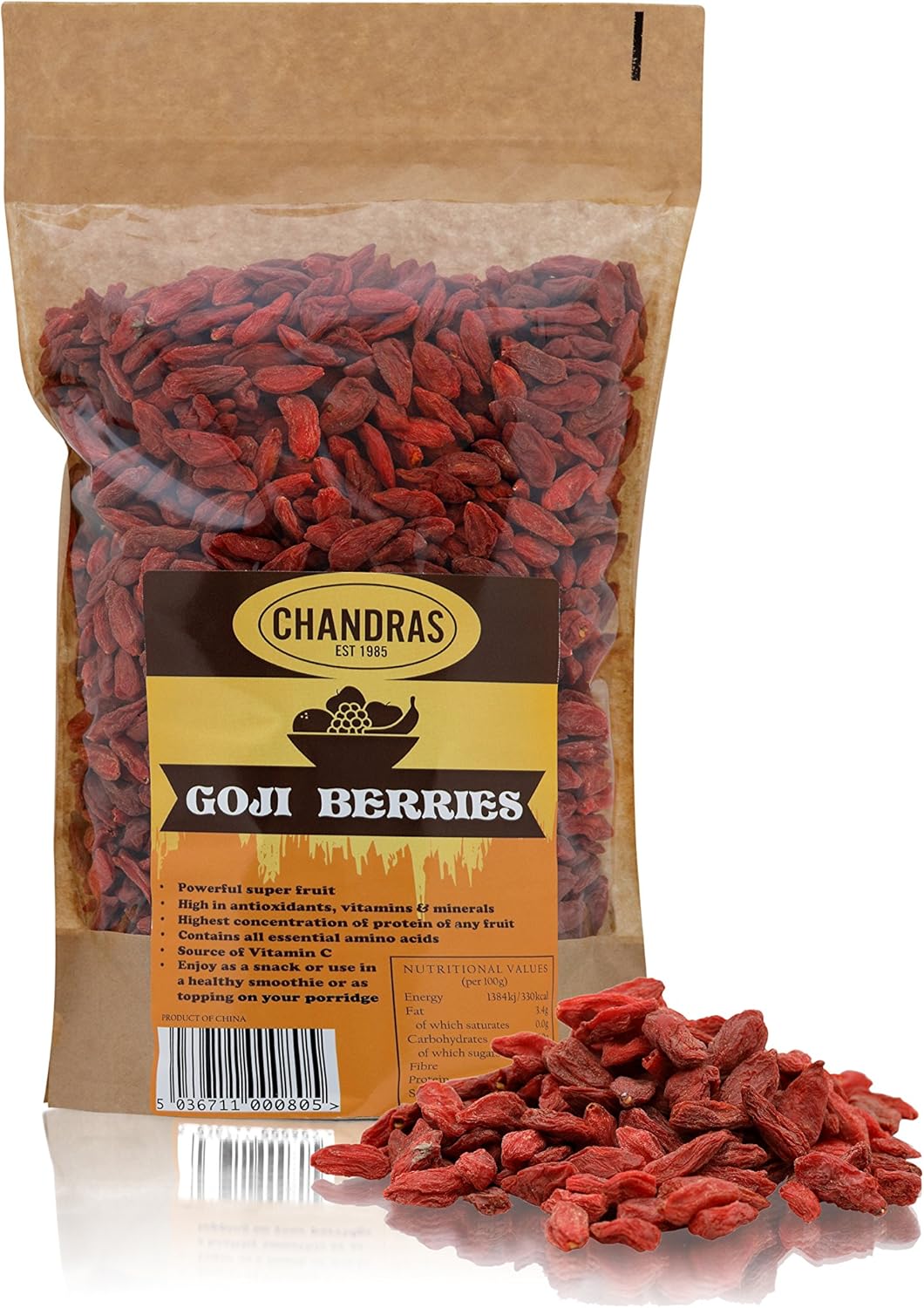 Chandra Whole Foods – Goji Berries 350G – Low-GI Nutritious Super Fruit for Snacking, Smoothies, Baking & Cooking – Gluten-Free Vegan-Friendly, Rich in Protein & Vitamins & Antioxidant