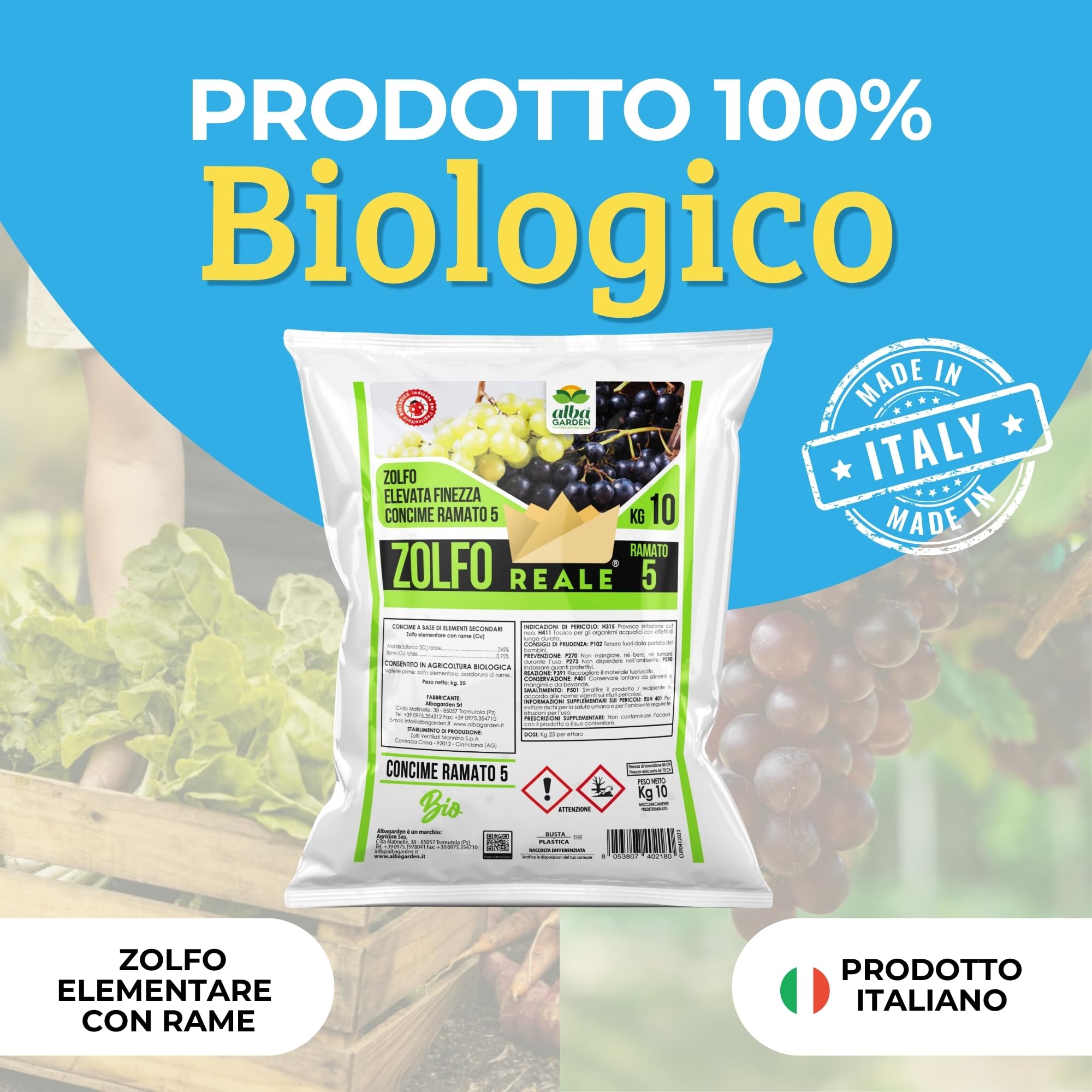 Albagarden - Zolfo Ramato in Polvere x 10 Kg, Concime a Base di Zolfo + Ossicloruro di Rame - Biologico, Contro Oidio Mal Bianco Peronospora Ticchiolatura
