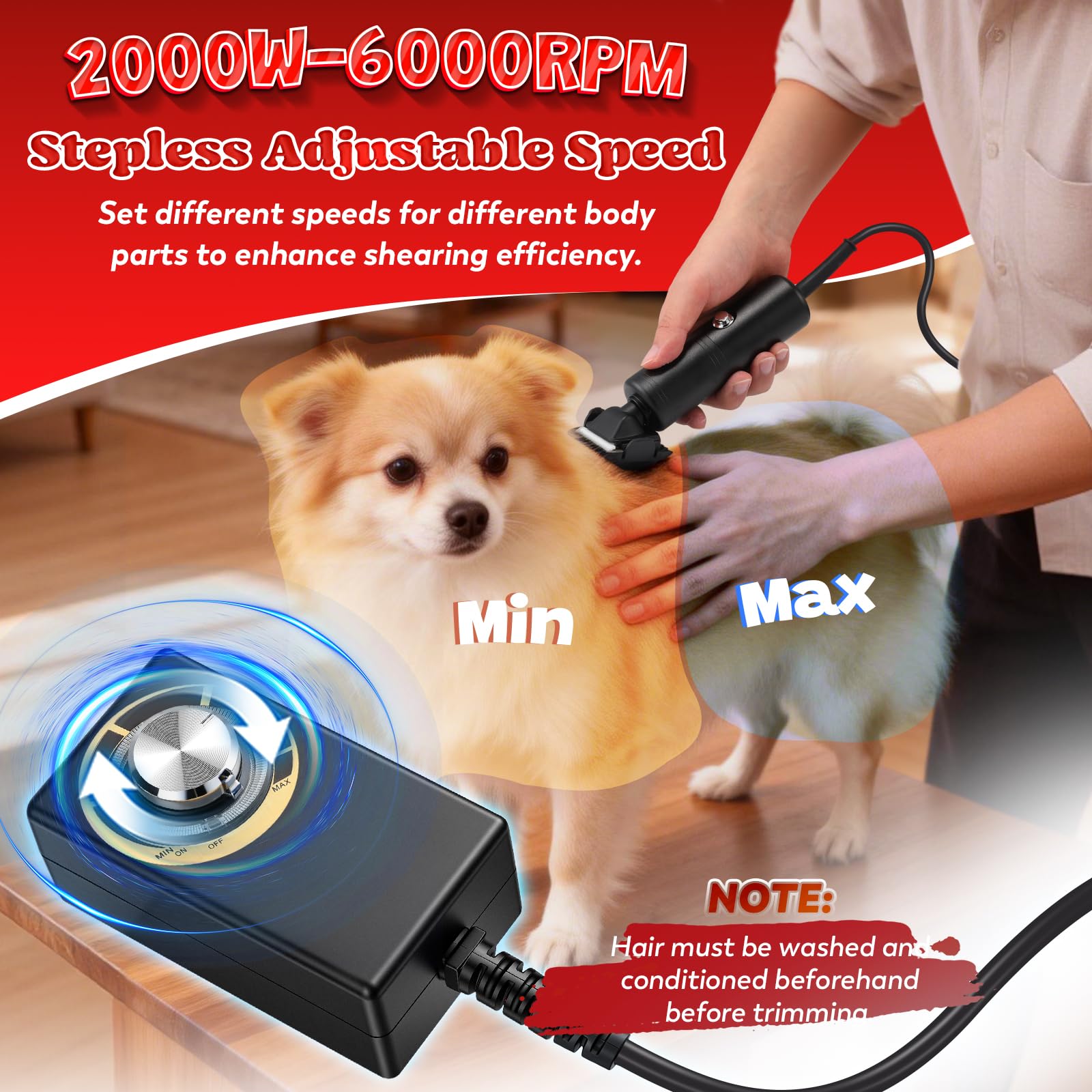 Moongiantgo 300W Cortapelos para Perros Profesional, 2000-6000RPM Control de Velocidad, Cuchillas de Cerámica Desmontables, Maquina Pelar Perros con Extra 1 Cuchillo & 2 Peines (Negro)